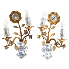 Vintage Rare Maison Baguès Set of Two Gilt ‘Rose’ Scones French Crystal Wall Lamps 1960s