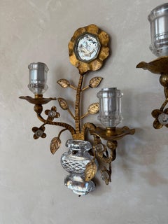 Pair of Gilt Iron and Crystal Wall Sconces after Bagues