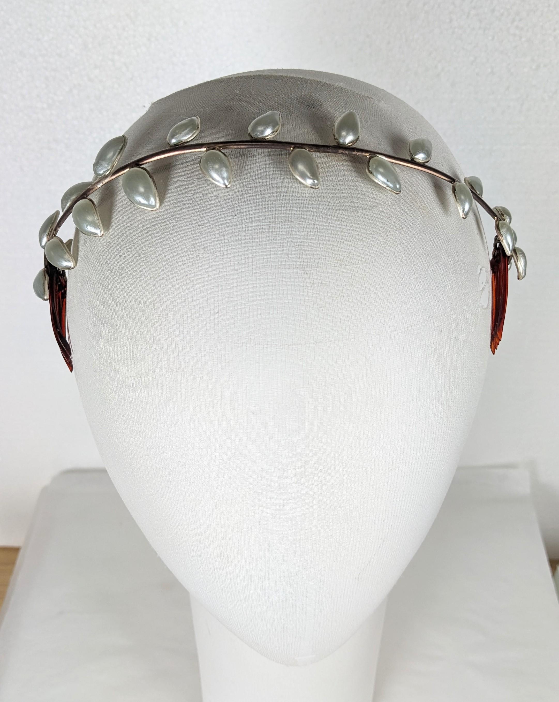 Rare Maison Gripoix Poured Glass Pearl Nacre Leaf Head Band, Gripoix Archive For Sale 6