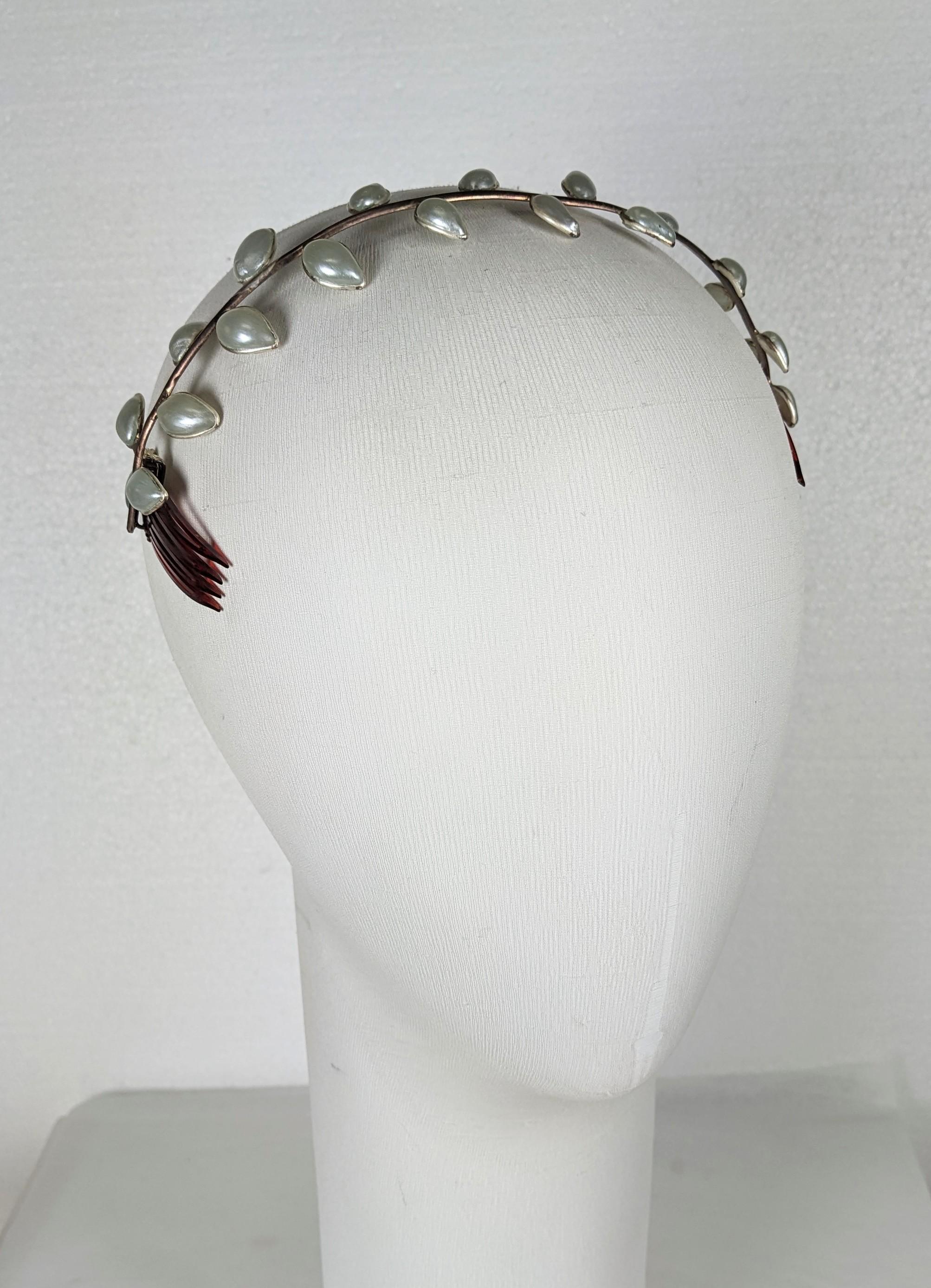 Rare Maison Gripoix Poured Glass Pearl Nacre Leaf Head Band, Gripoix Archive For Sale 8