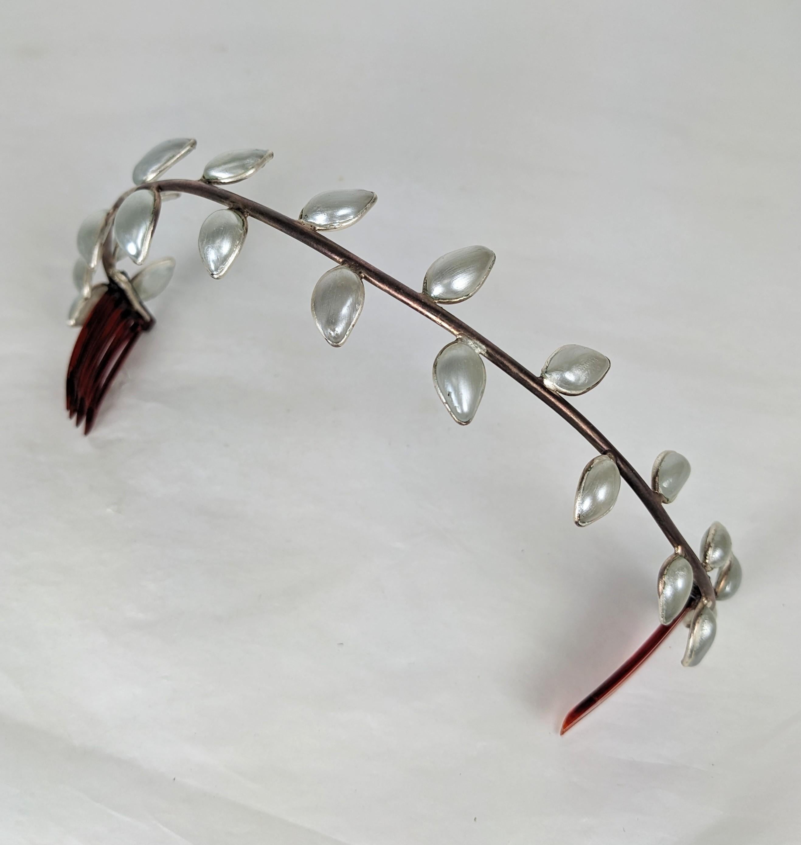 Early Rare Maison Gripoix Poured Glass Pearl Nacre Leaf Head Band from the 1930's from the Gripoix Archive. Hand made silvered bronze with pate de verre petals in mother of pearl lacquer. Perfect wedding accessory. 10.5