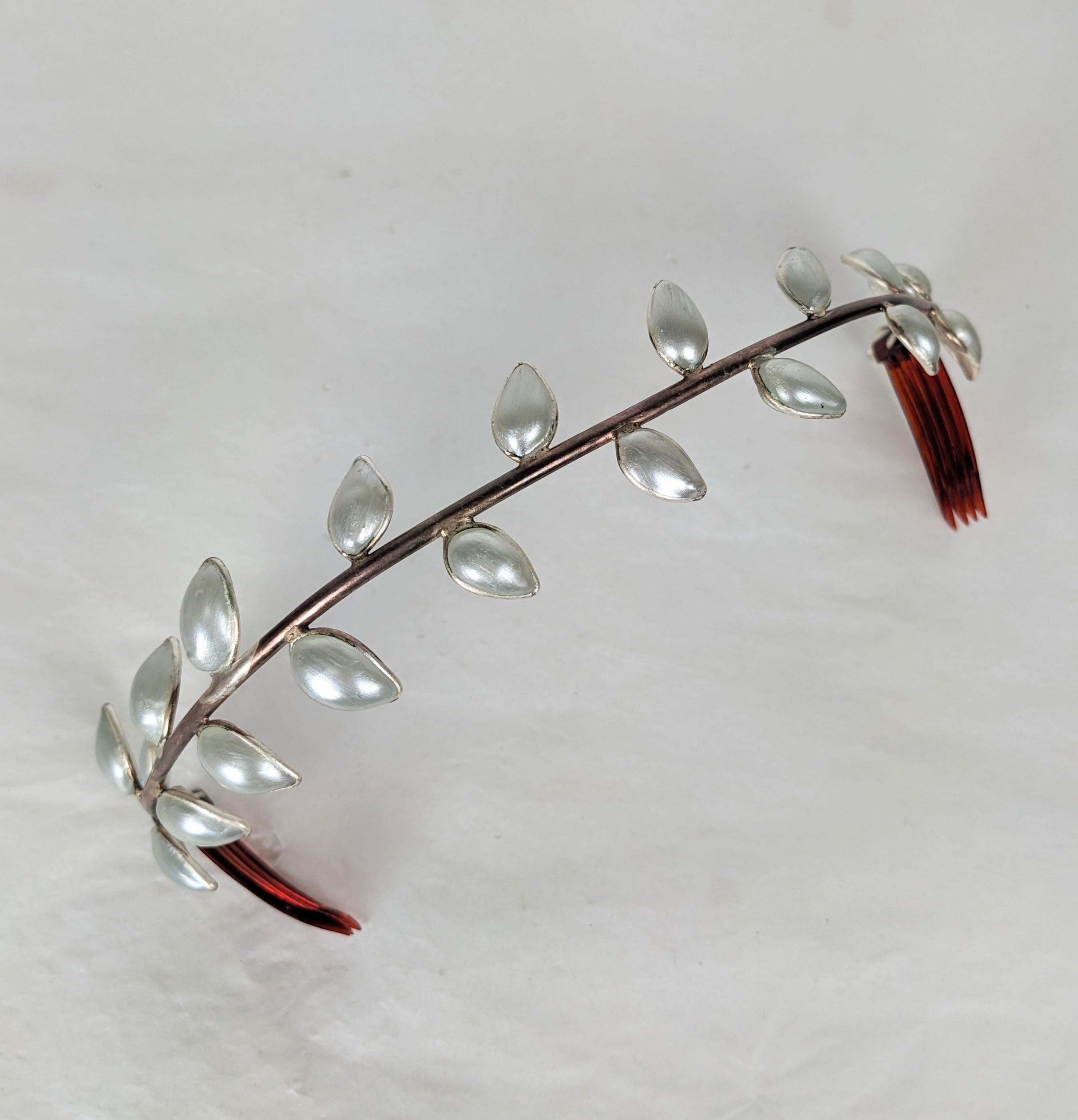 Rare Maison Gripoix Poured Glass Pearl Nacre Leaf Head Band, Gripoix Archive In Good Condition For Sale In New York, NY