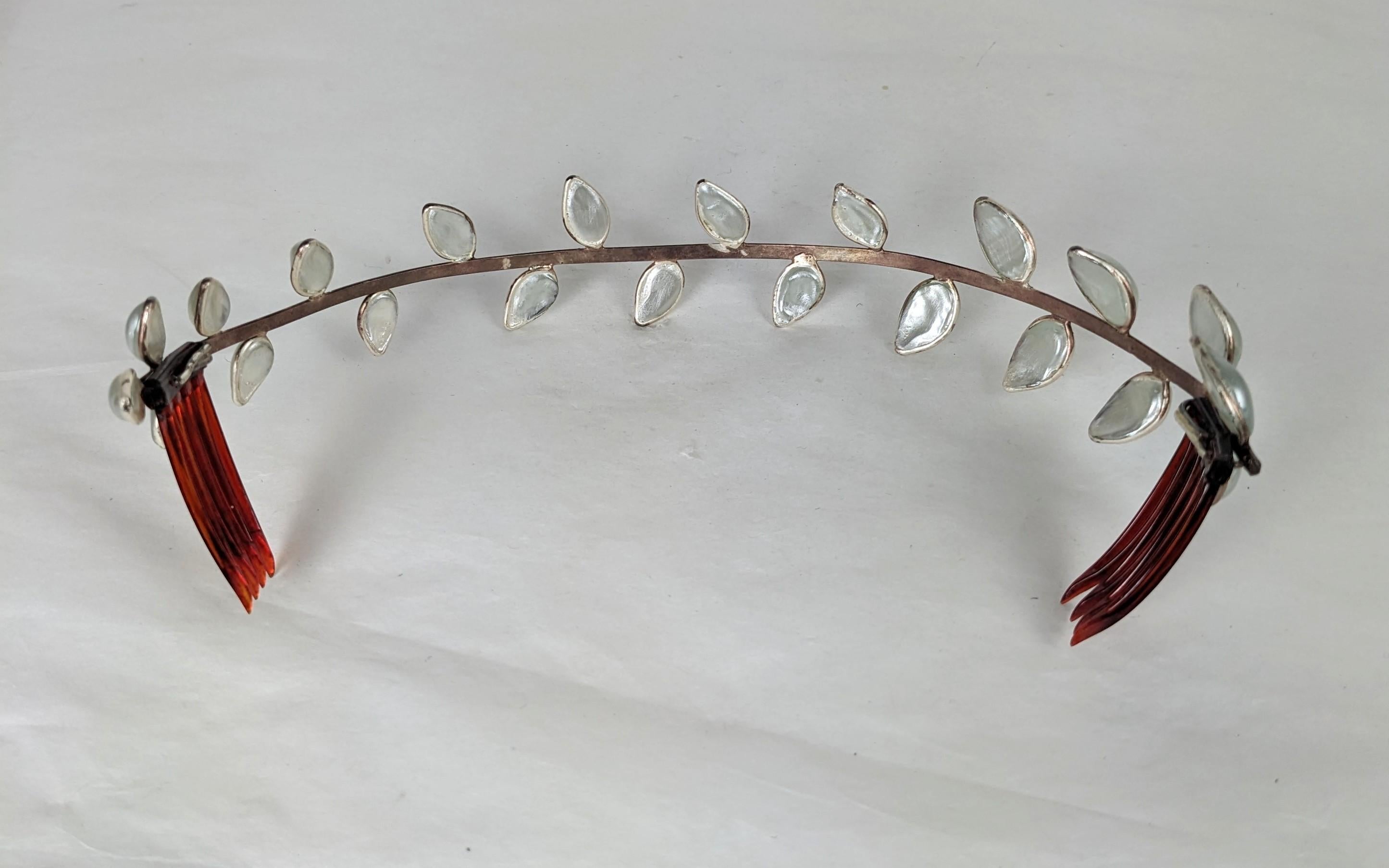 Rare Maison Gripoix Poured Glass Pearl Nacre Leaf Head Band, Gripoix Archive For Sale 3
