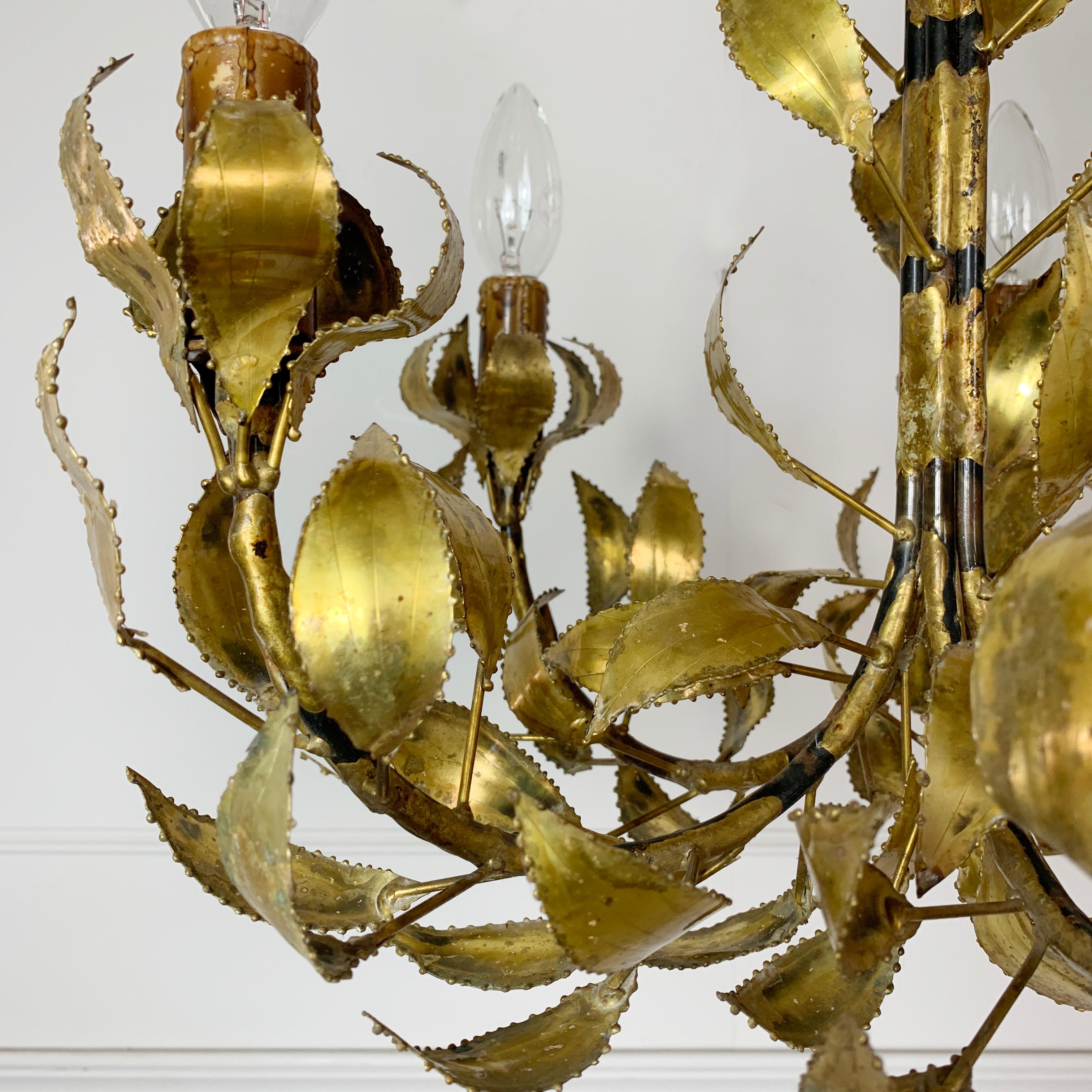 Hand-Crafted Gold Maison Jansen Brass Leaf Chandelier, circa 1960s For Sale