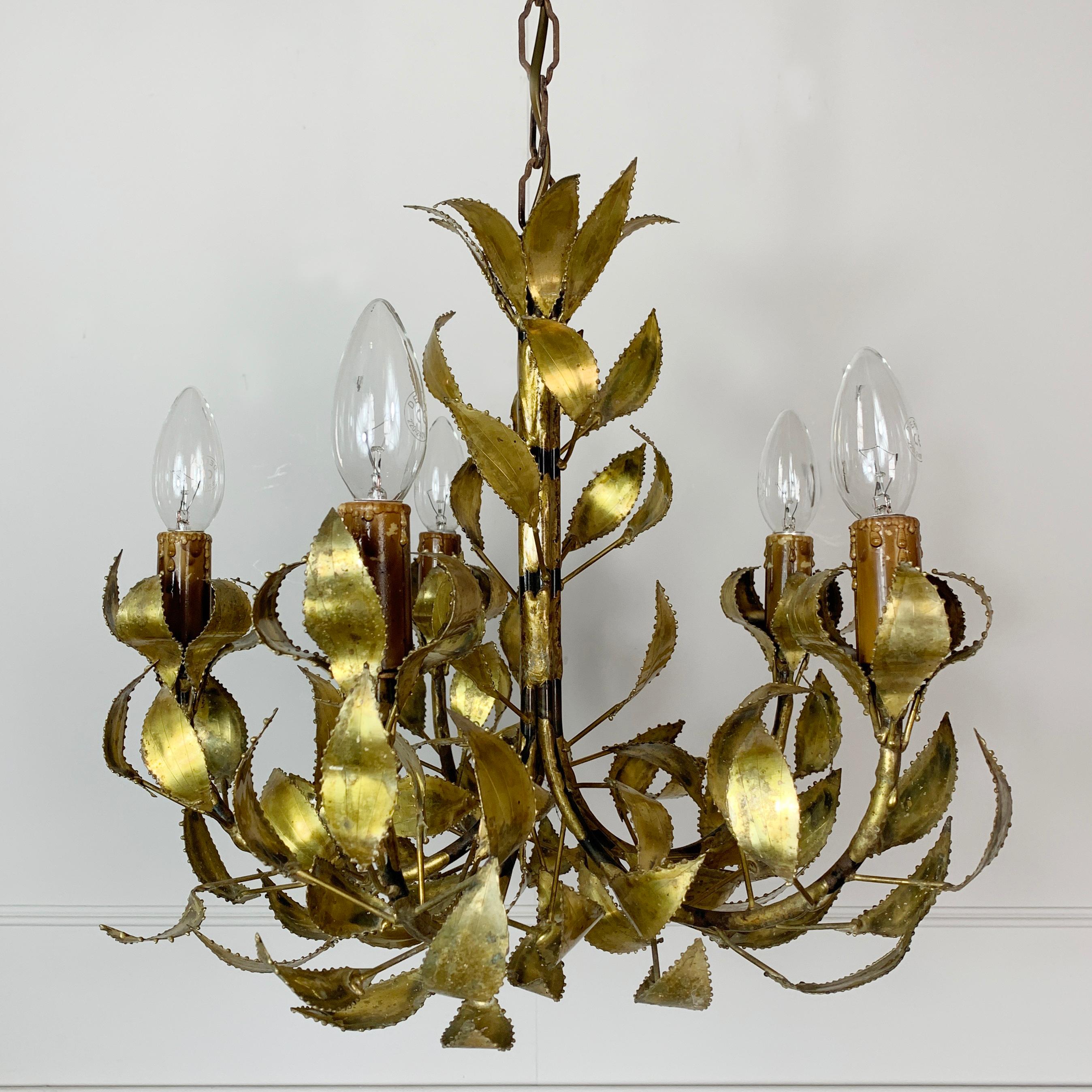 20th Century Gold Maison Jansen Brass Leaf Chandelier, circa 1960s For Sale