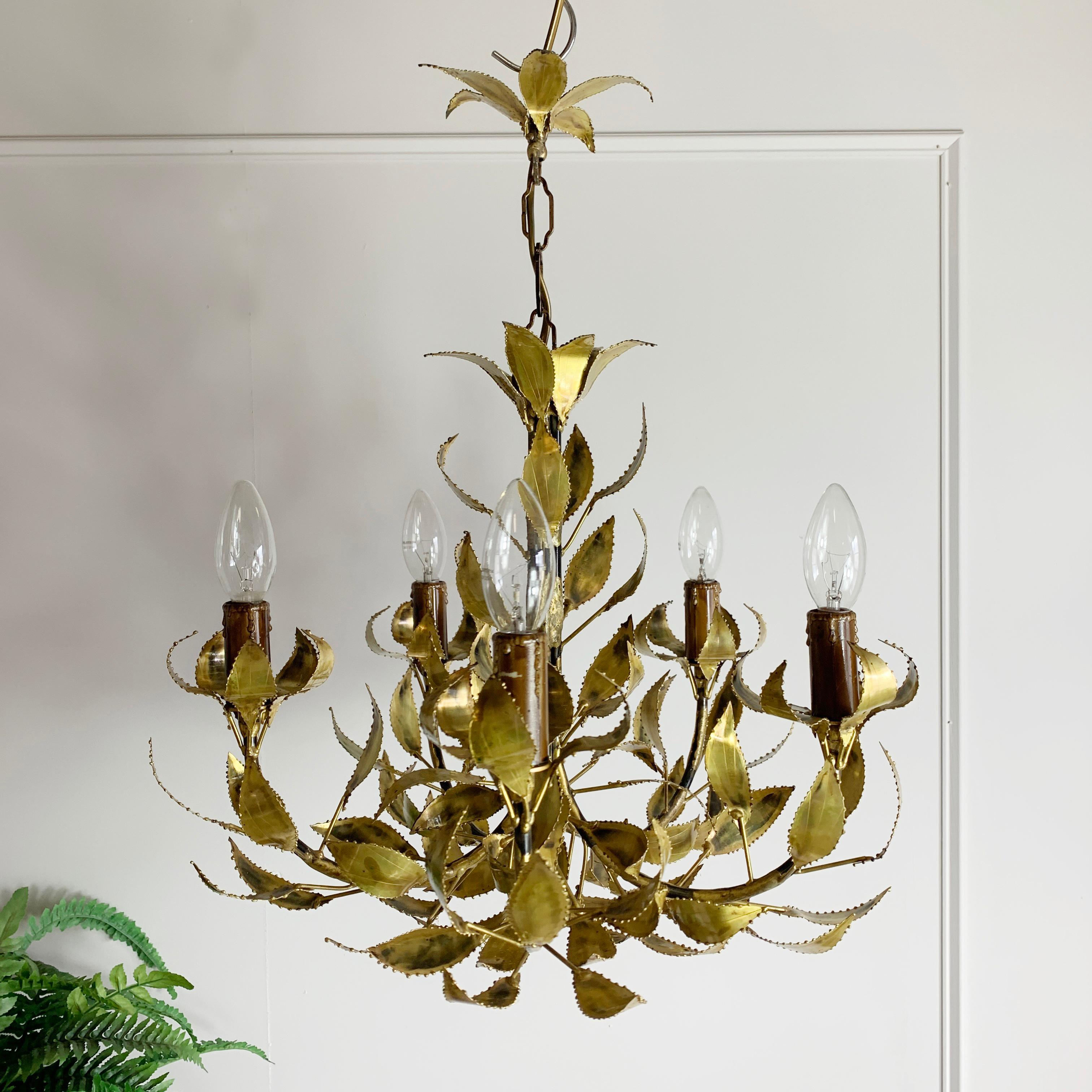 Hand-Crafted Gold Maison Jansen Brass Leaf Chandelier, circa 1960s For Sale