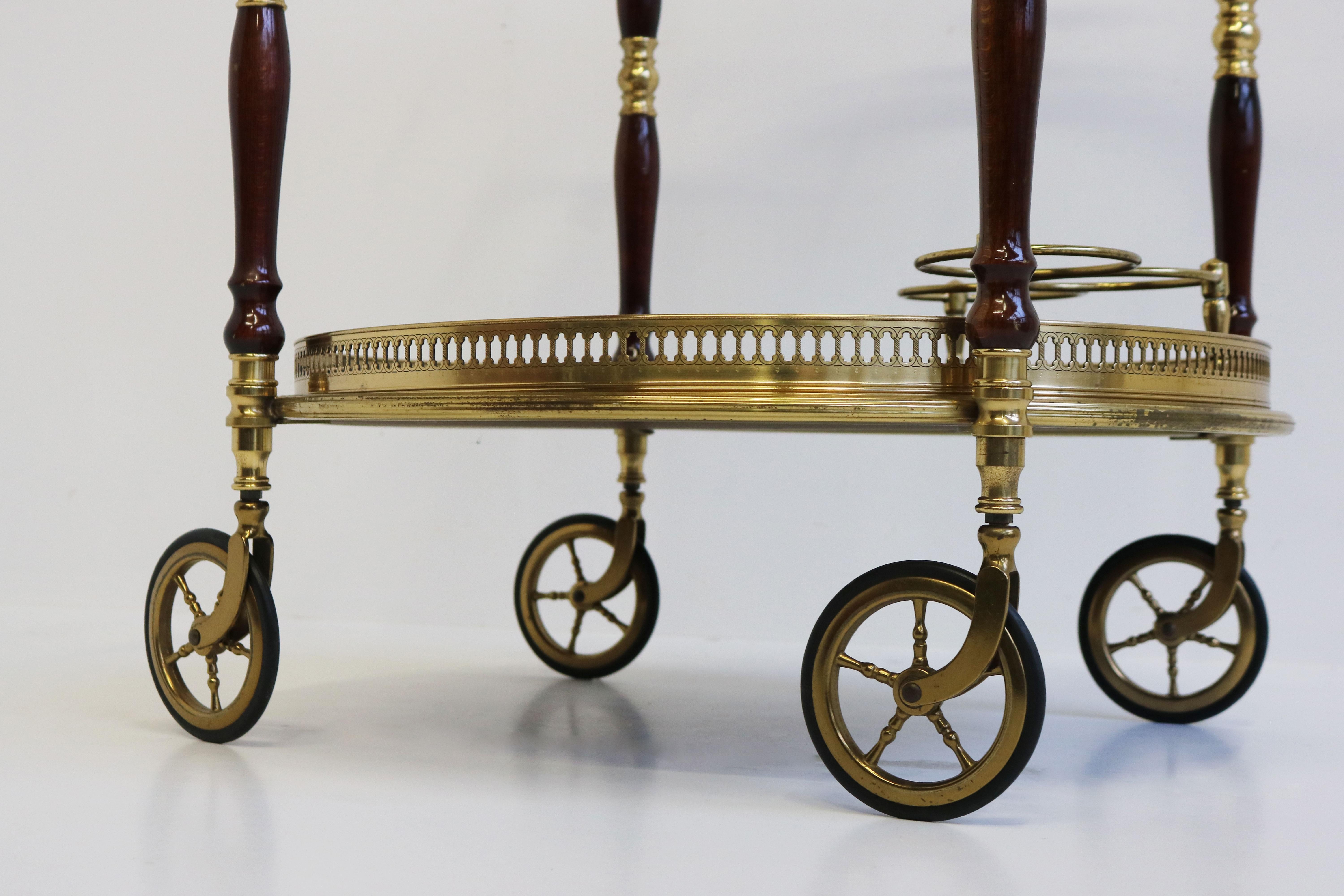 Rare Maison Jansen French 1970 Design Bar Cart / Trolley Brass Glass Wood Round For Sale 7