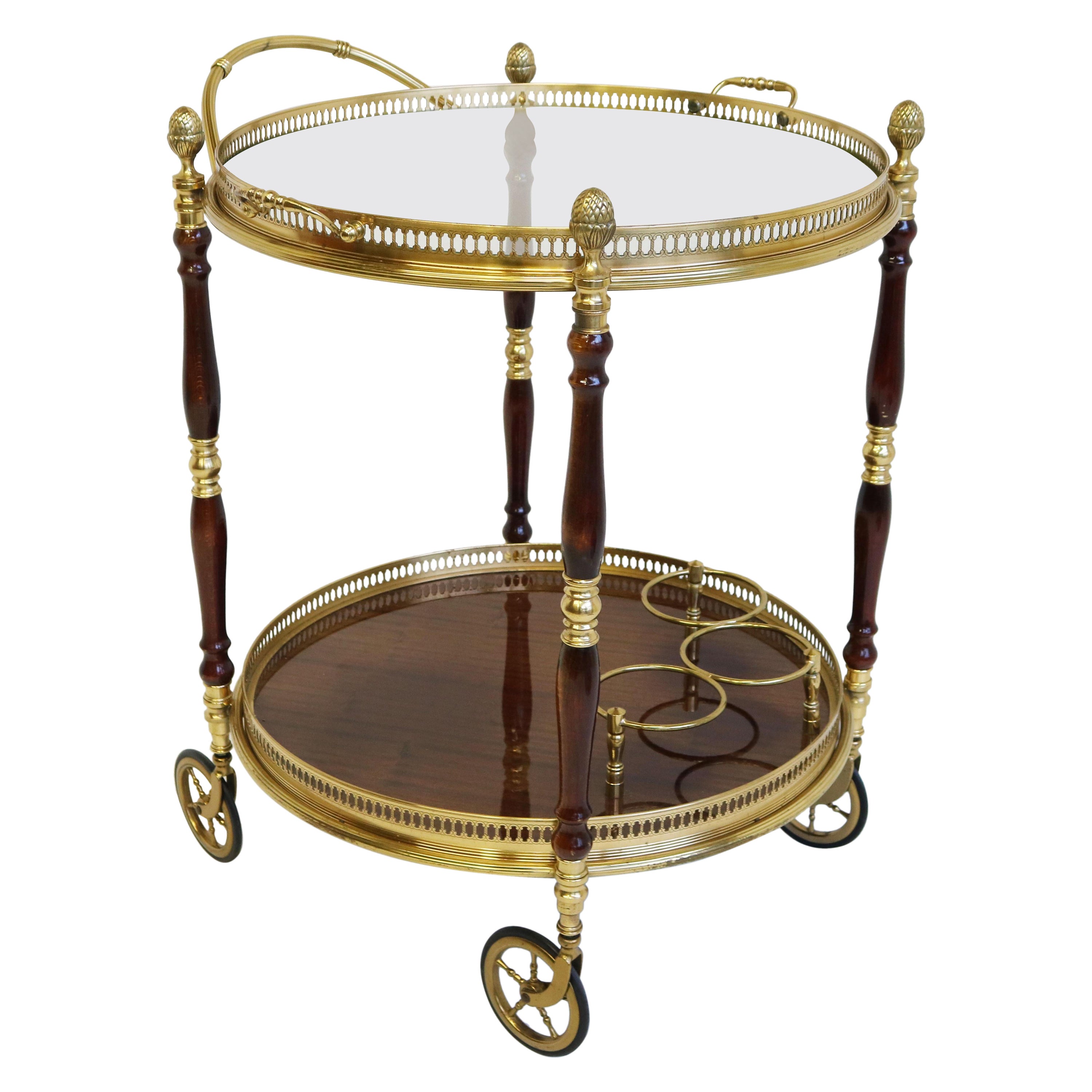 Rare Maison Jansen French 1970 Design Bar Cart / Trolley Brass Glass Wood Round
