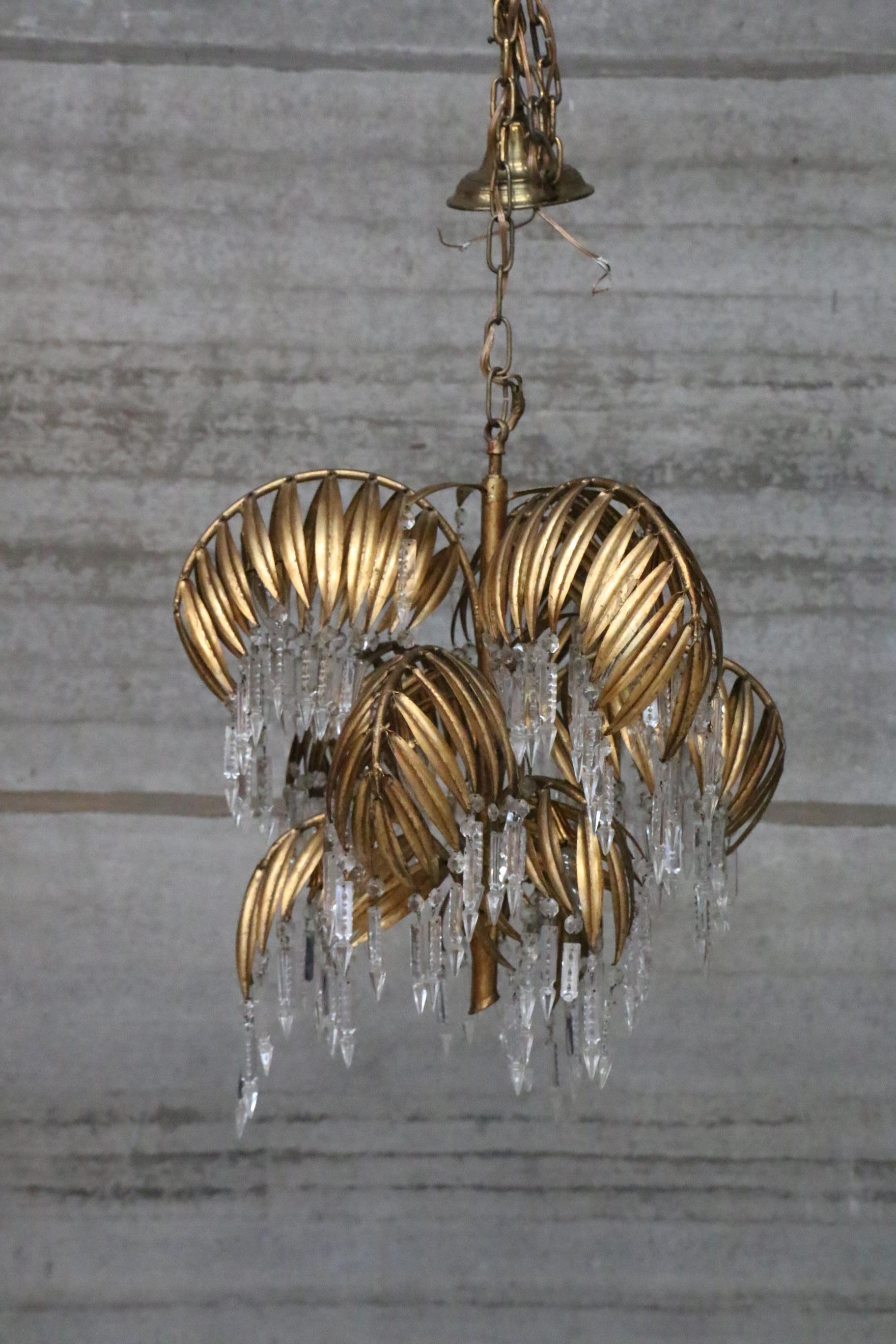 Anglo-Japanese Rare Maison Jansen Palm Tree Chandelier with Glass Cones and Palm Leaves