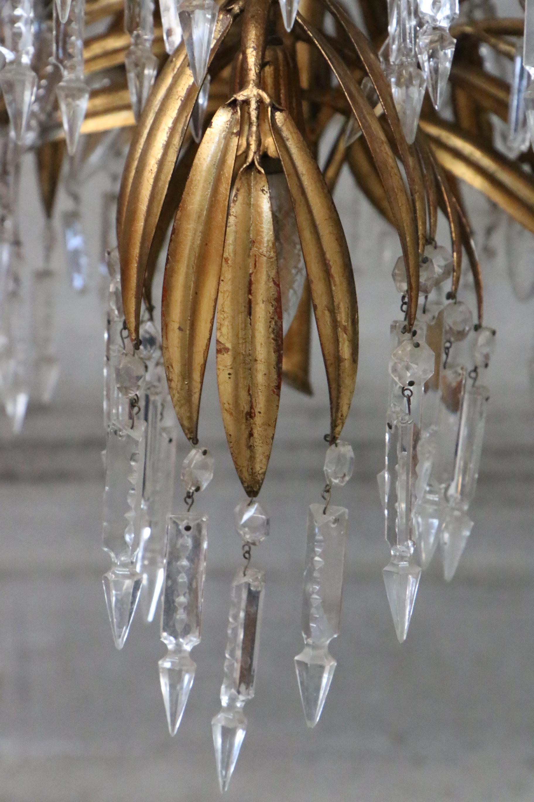 Brass Rare Maison Jansen Palm Tree Chandelier with Glass Cones and Palm Leaves