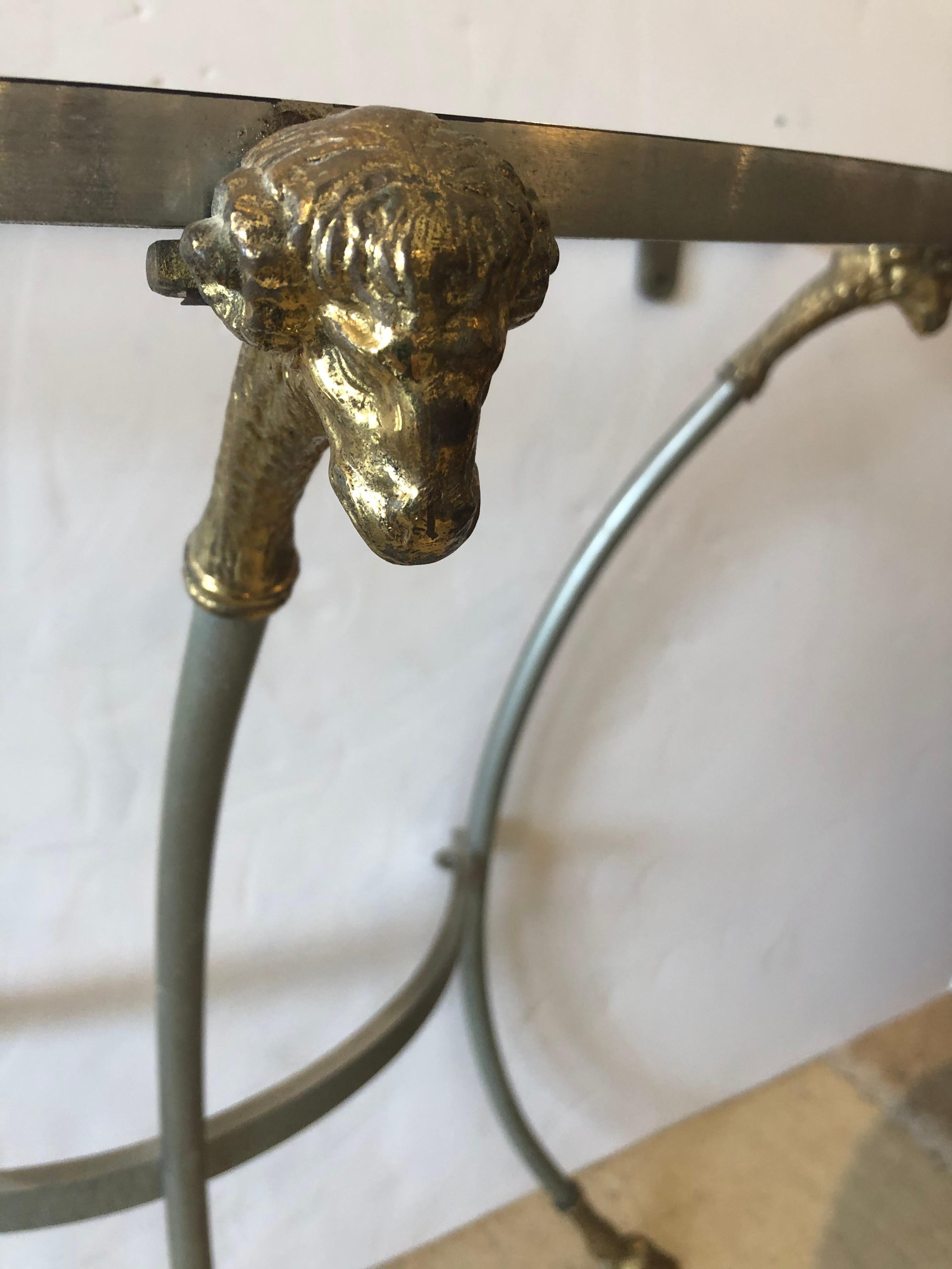 Hollywood Regency Rare Maison Jansen Style Steel and Brass Demilune Console with Rams Heads