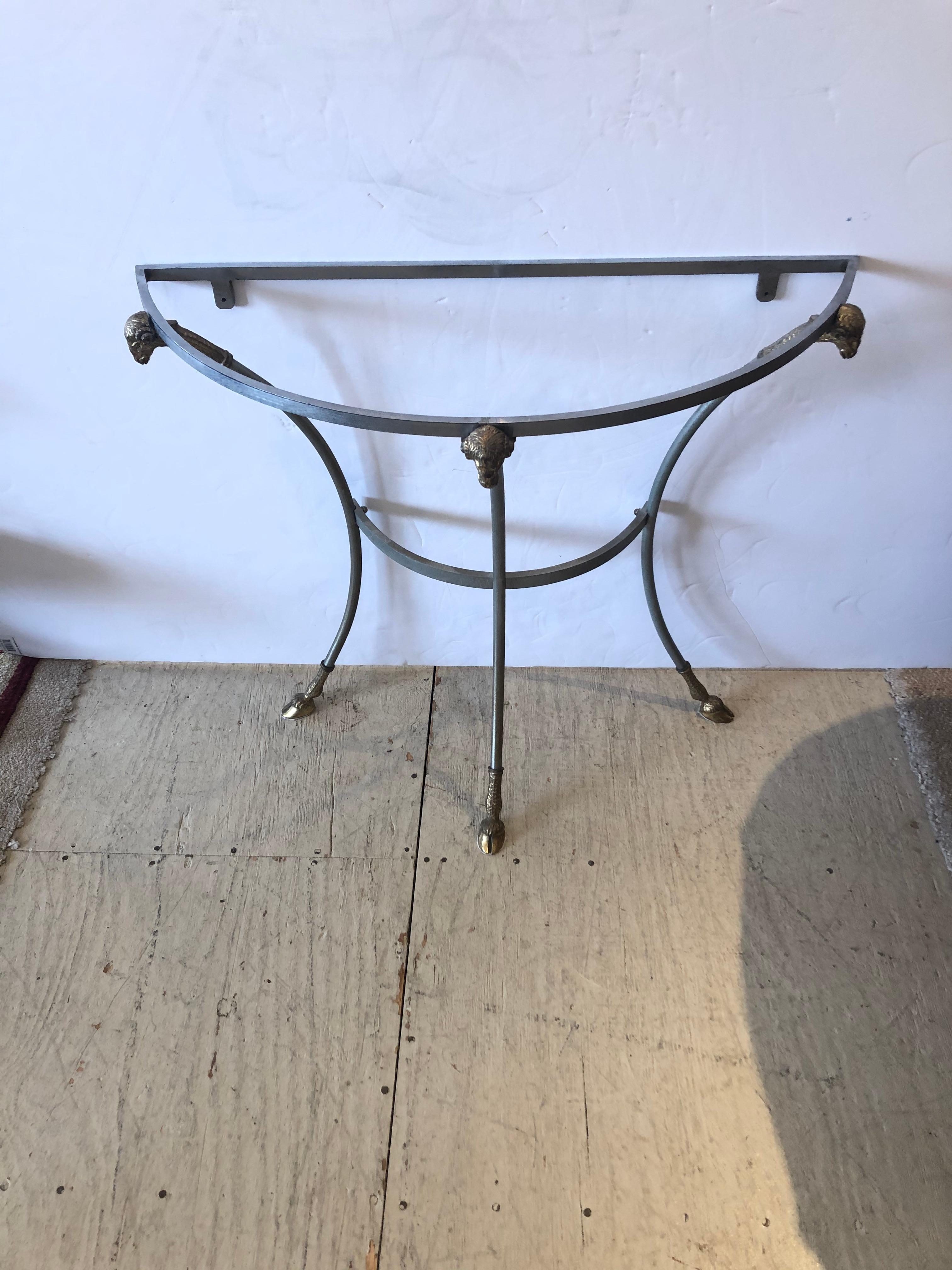 Rare Maison Jansen Style Steel and Brass Demilune Console with Rams Heads 1