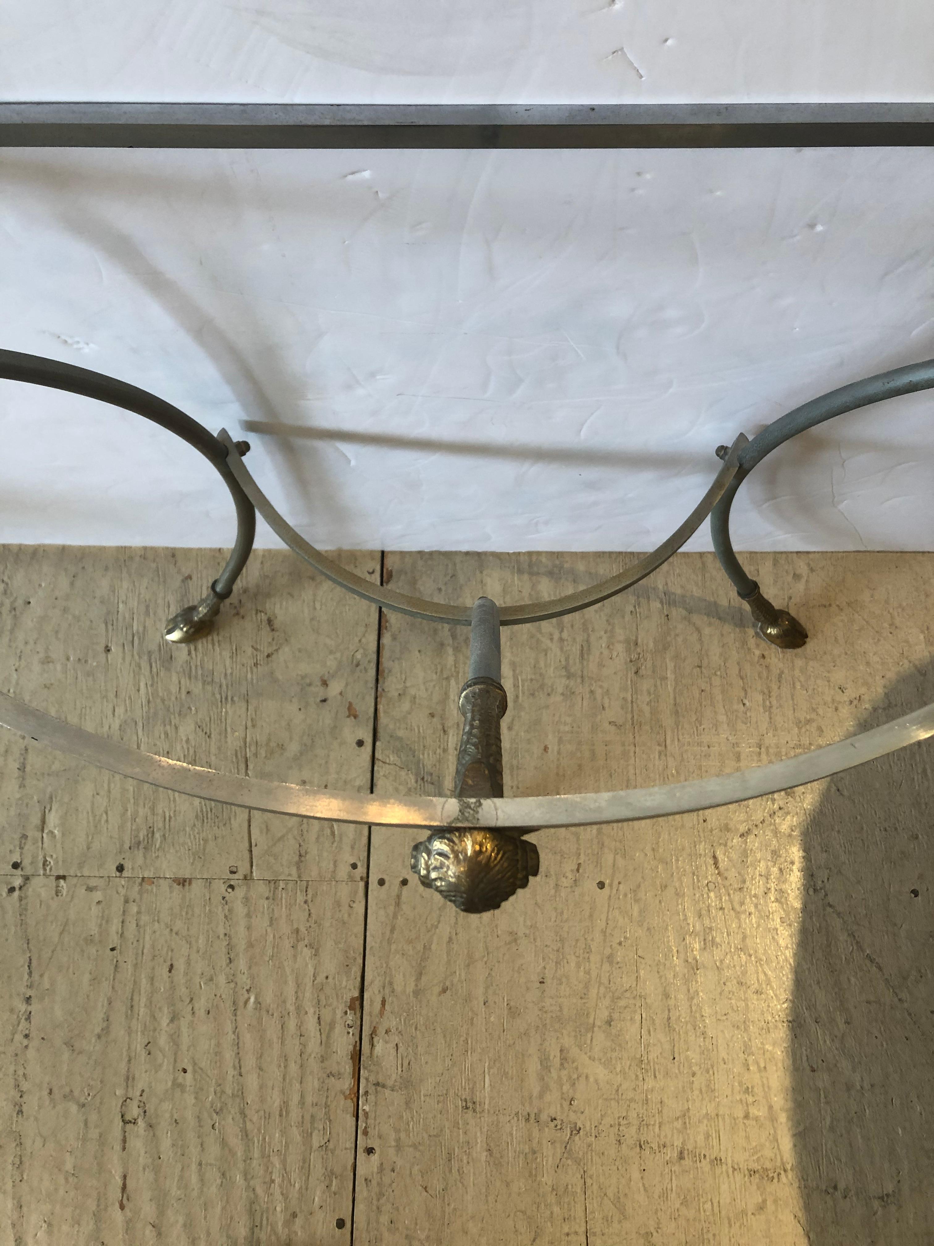 Rare Maison Jansen Style Steel and Brass Demilune Console with Rams Heads 2
