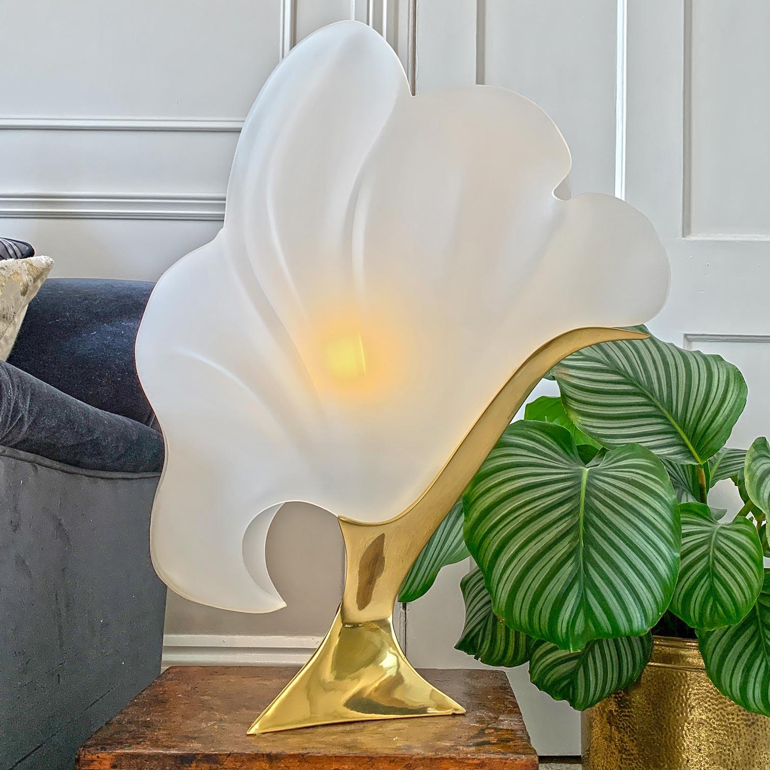 Brass Rare Maison Rougier White Figural Shell Lamp, 1970s For Sale