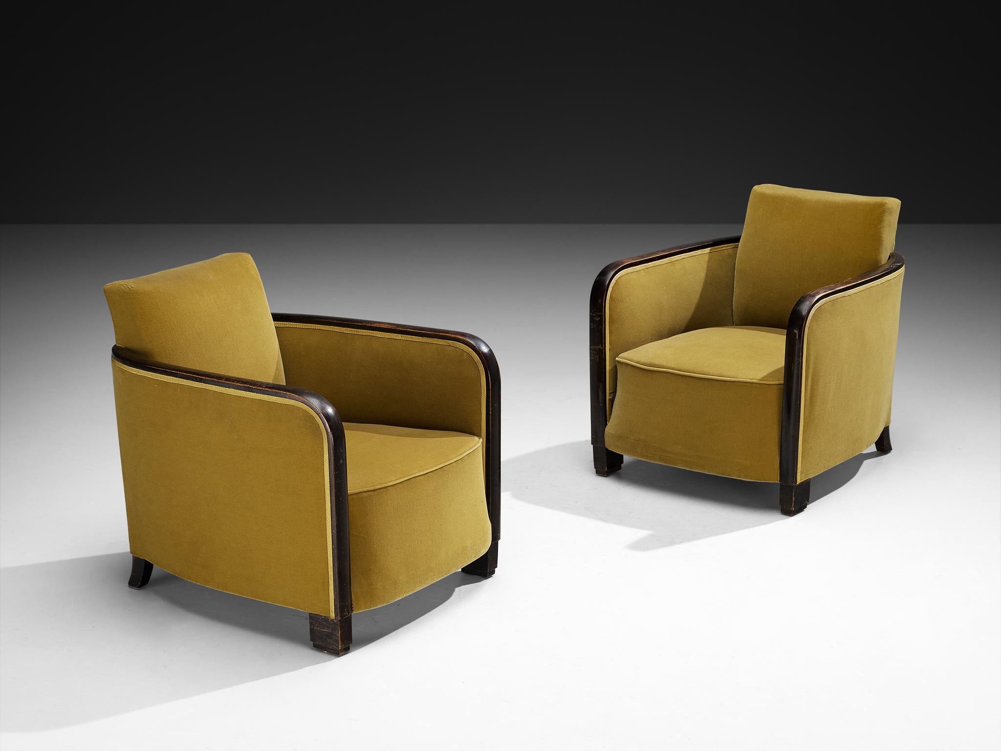 Maison Soubrier, pair of lounge chairs, velvet, lacquered beech, Paris, France, late 1920s 

Founded in 1848, Maison Soubrier is one of Paris’s oldest and most distinguished furniture makers, situated in the heart of the historic Faubourg