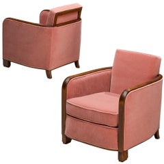Rara coppia di poltrone Art Deco della fine degli anni '20 in velluto rosa della Maison Soubrier