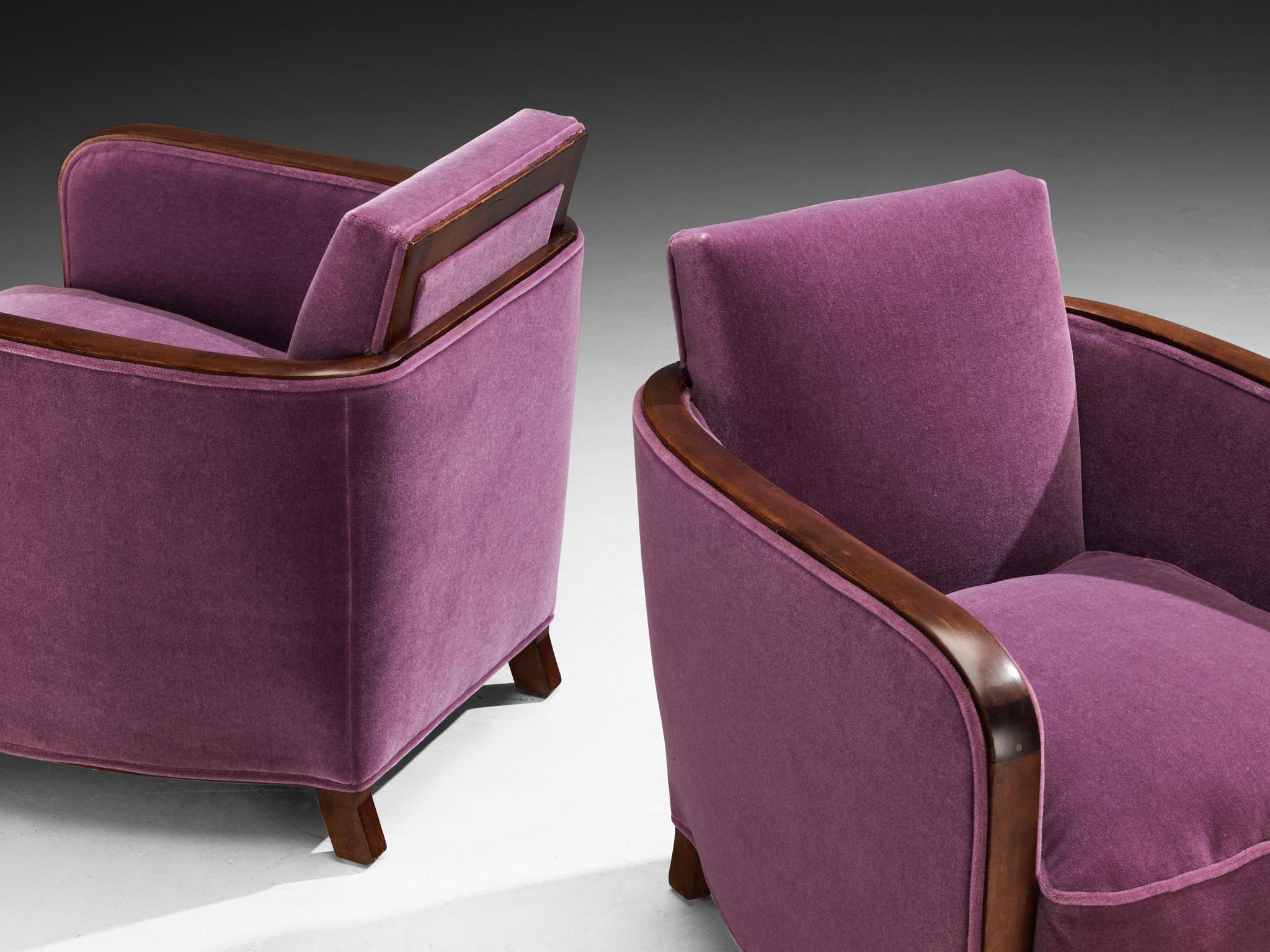 Francese Rara Maison Soubrier Coppia di poltrone Art Déco fine anni '20 in viola Pierre Frey in vendita