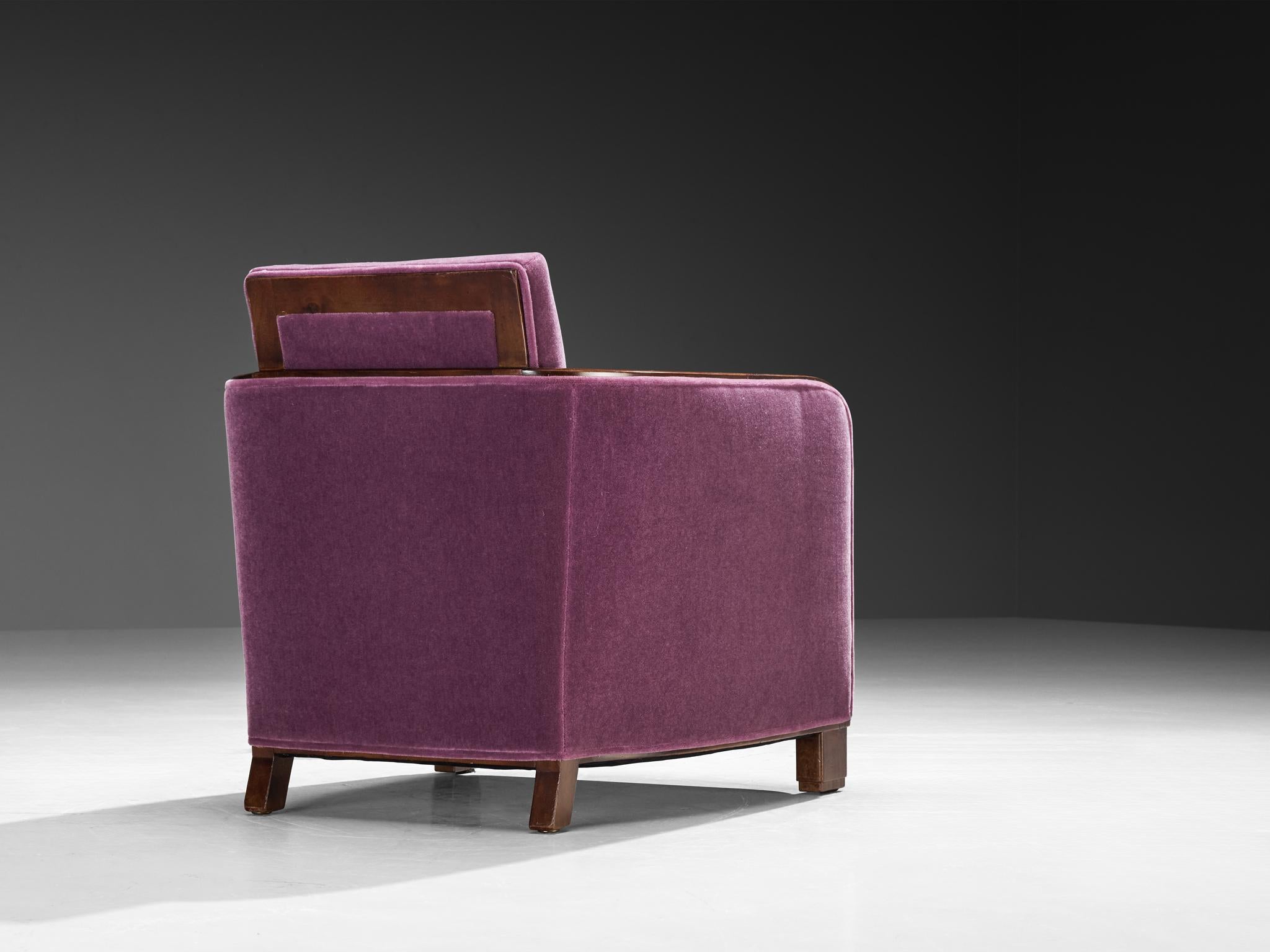 Inizio XX secolo Rara Maison Soubrier Coppia di poltrone Art Déco fine anni '20 in viola Pierre Frey in vendita