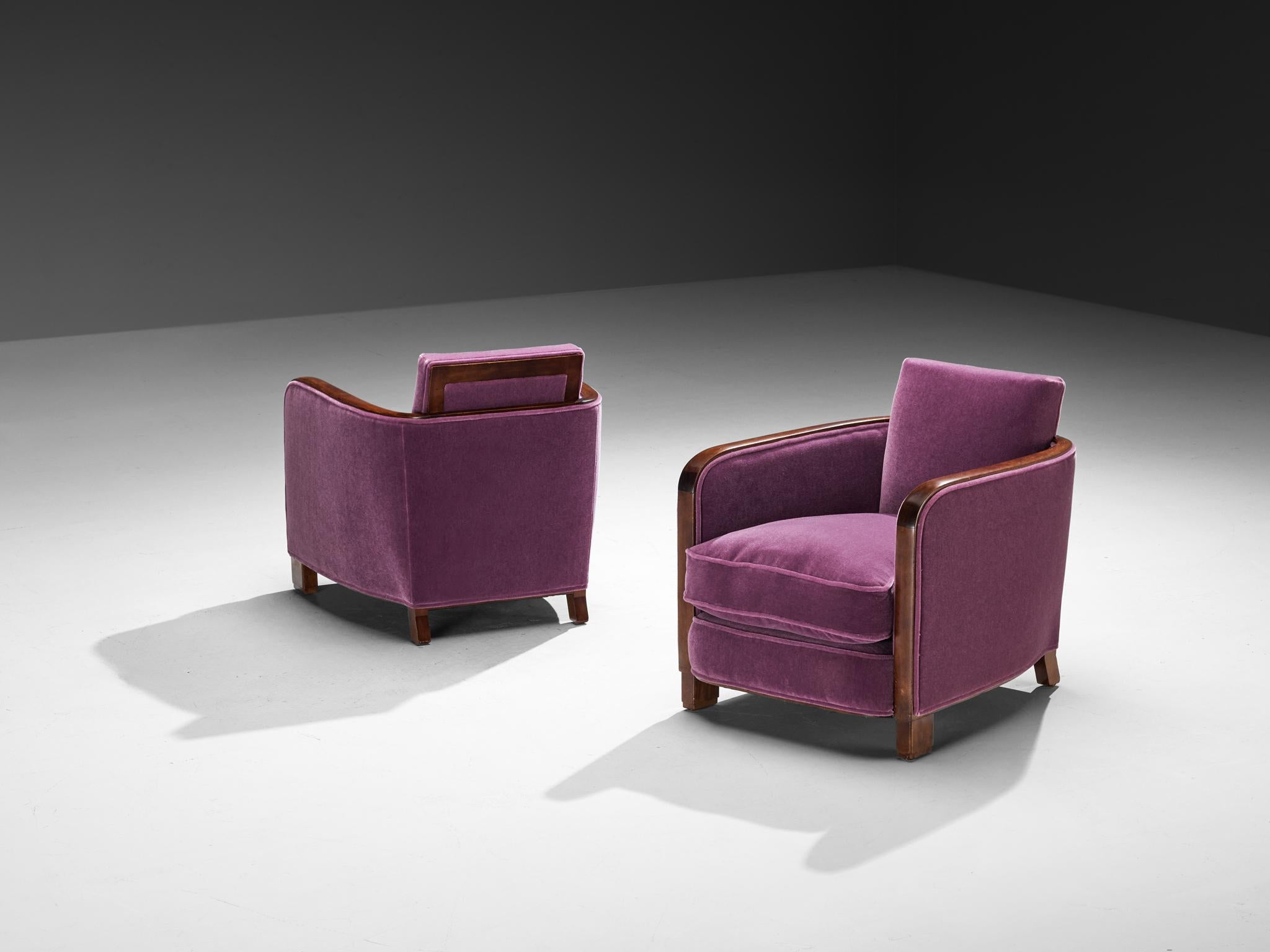 Mohair Rara Maison Soubrier Coppia di poltrone Art Déco fine anni '20 in viola Pierre Frey in vendita
