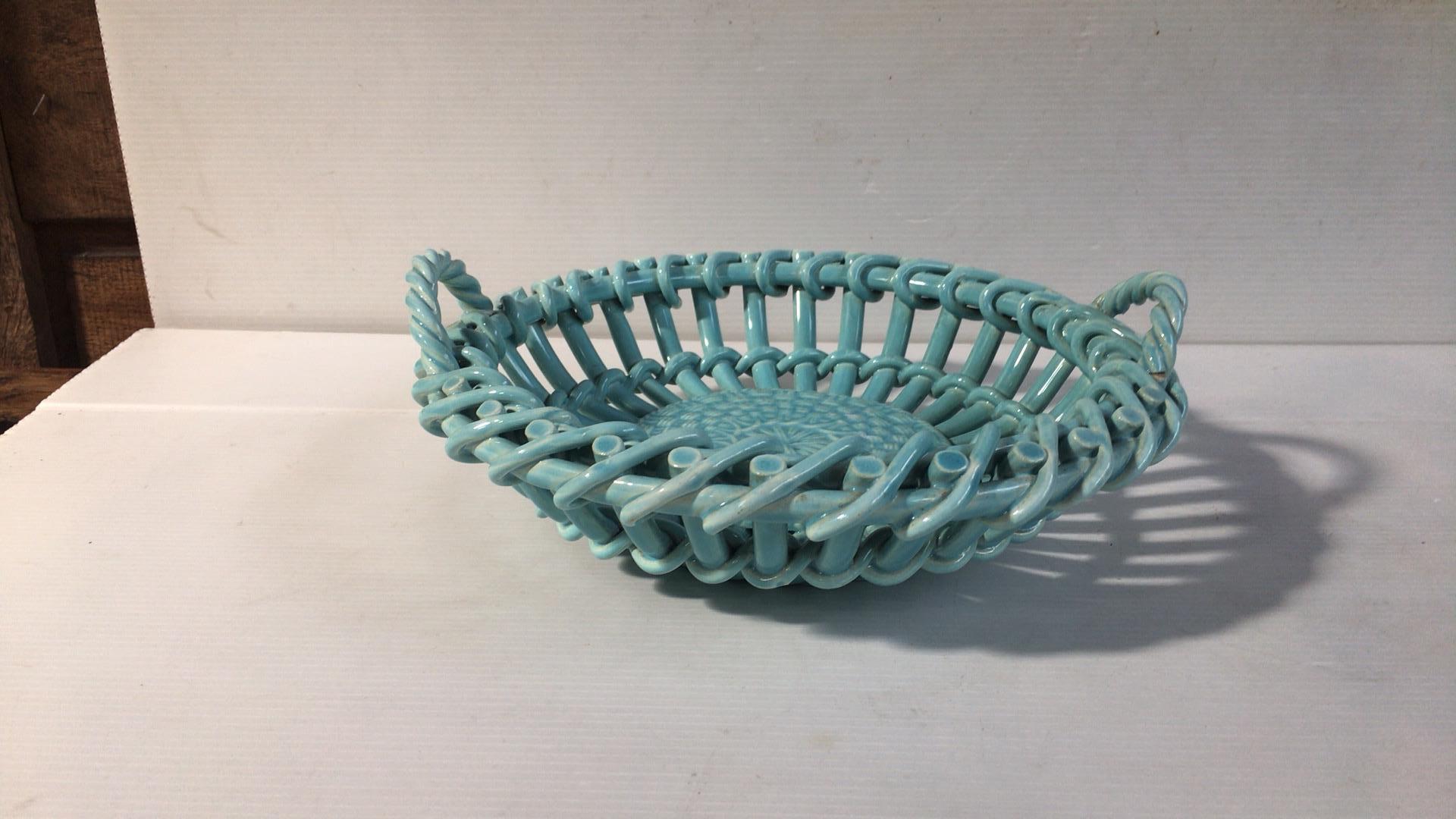 French Rare Majolica Aqua Turquoise Handled Basket Sarreguemines, circa 1870