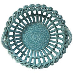 Rare Majolica Aqua Turquoise Handled Basket Sarreguemines, circa 1870