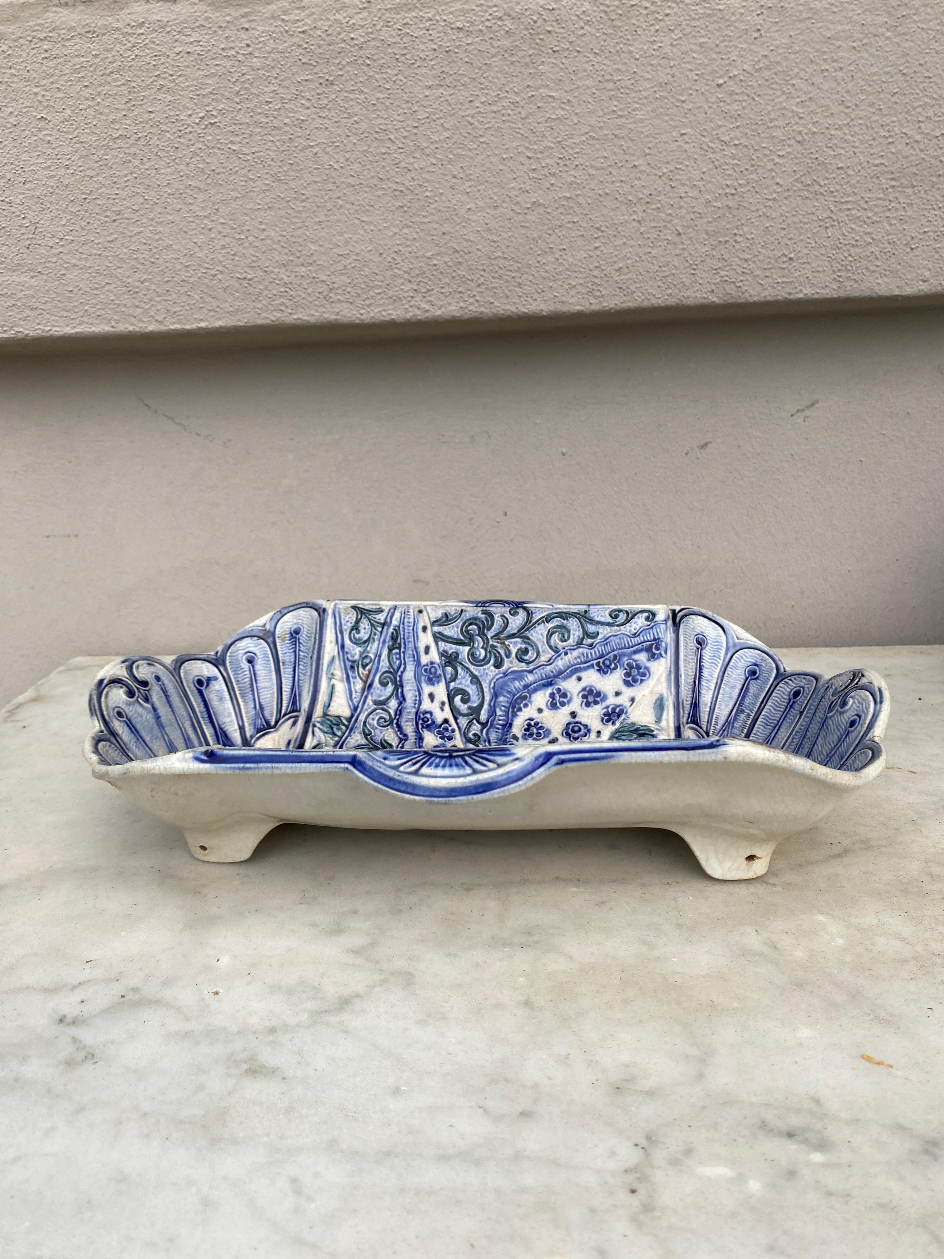 Rare Majolica Asparagus Blue & White Platter Wasmuel, circa 1890 In Good Condition For Sale In Austin, TX