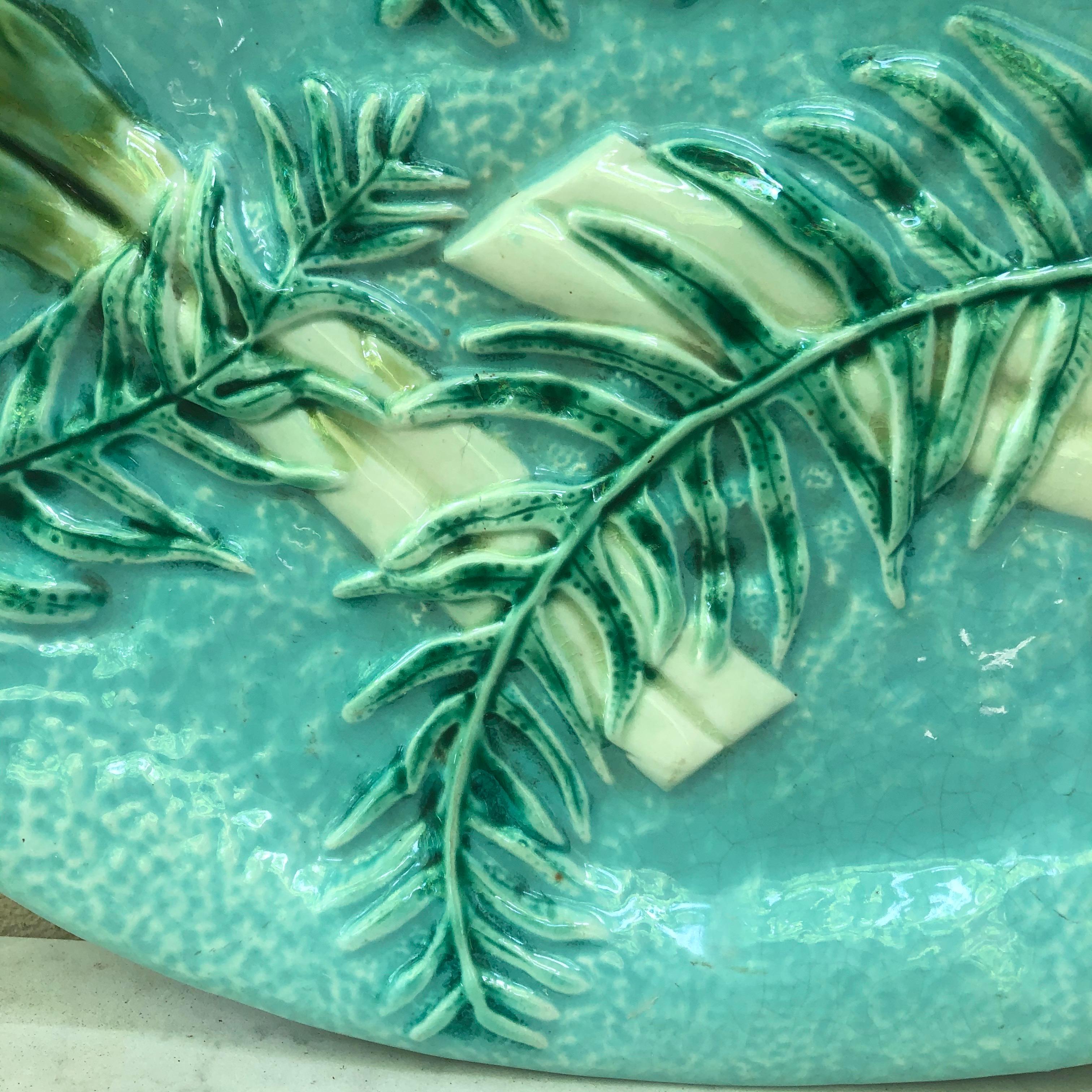 Rare Majolica turquoise aqua asparagus platter with fern signed Clairefontaine, circa 1880.