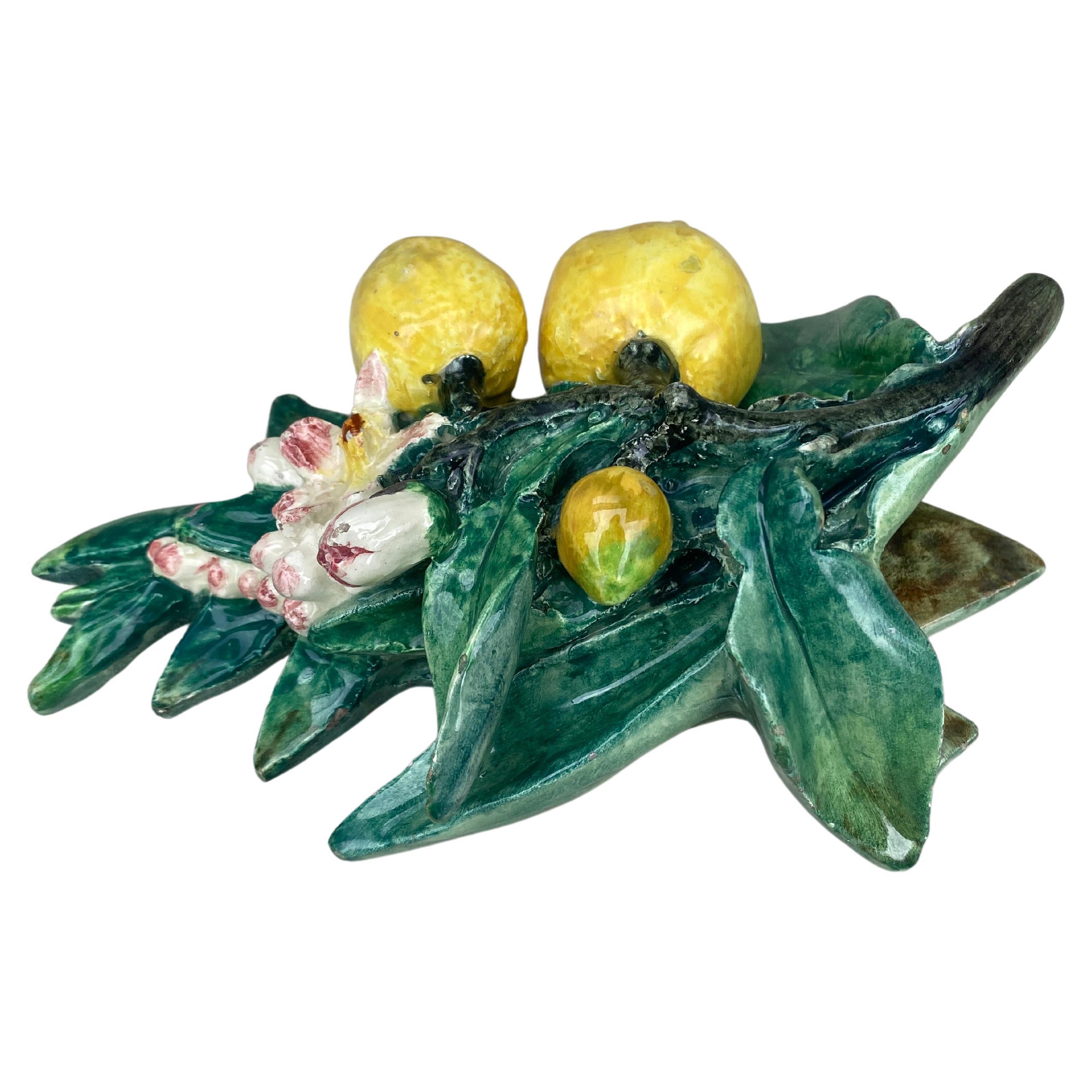 Rare Majolica Lemons Applique Delphin Massier, circa 1890 In Good Condition For Sale In Austin, TX