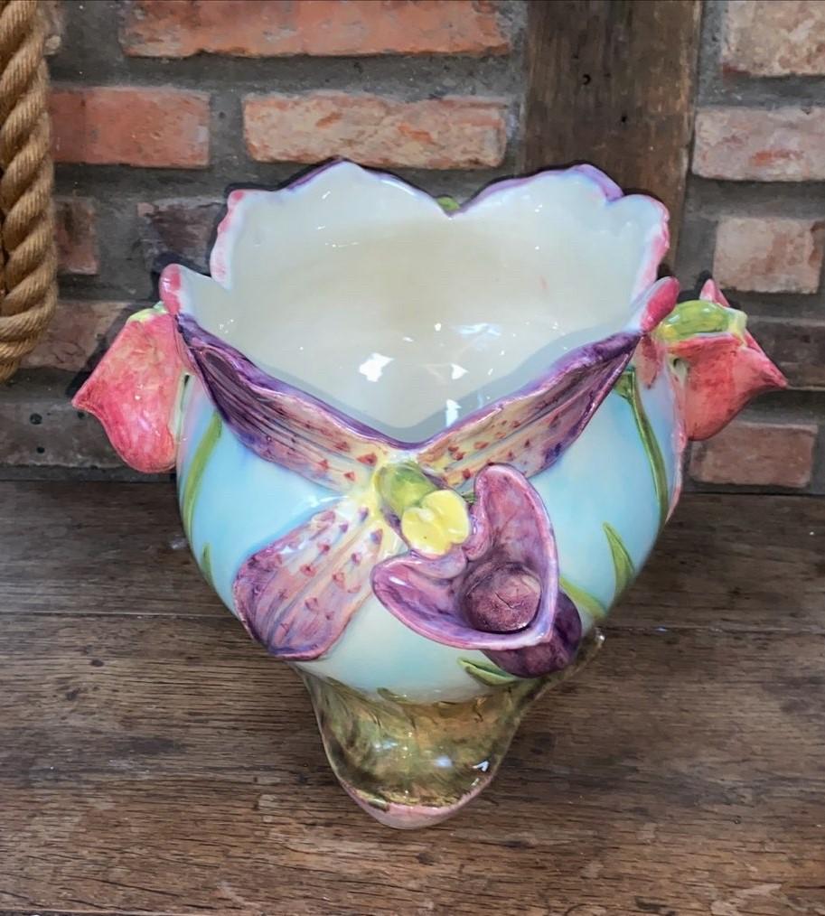 Rare Majolica Orchid Jardiniere attributed to Delphin Massier, circa 1890.
Measures: W / 17 inches , H / 8.3 inches.
The Massier family are known for the quality of their unique enamels and paintings. They produced an incredible whole range of