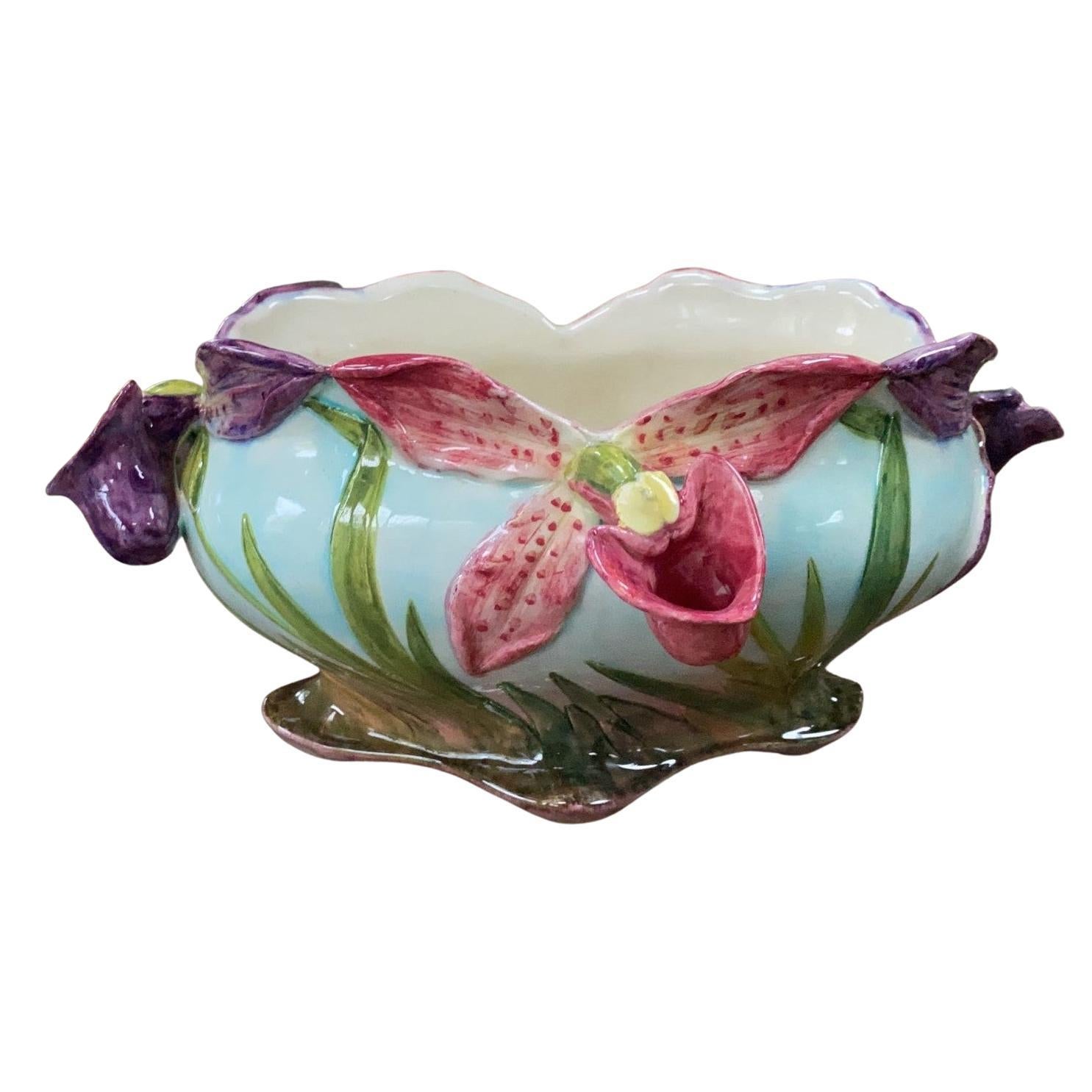 Seltene Majolika-Orchideen-Jardiniere Delphin Massier, um 1890