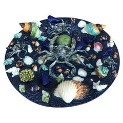 Rare plat en majolique Palissy avec crabe et coquillages de Thomas Sergent du 19ème siècle