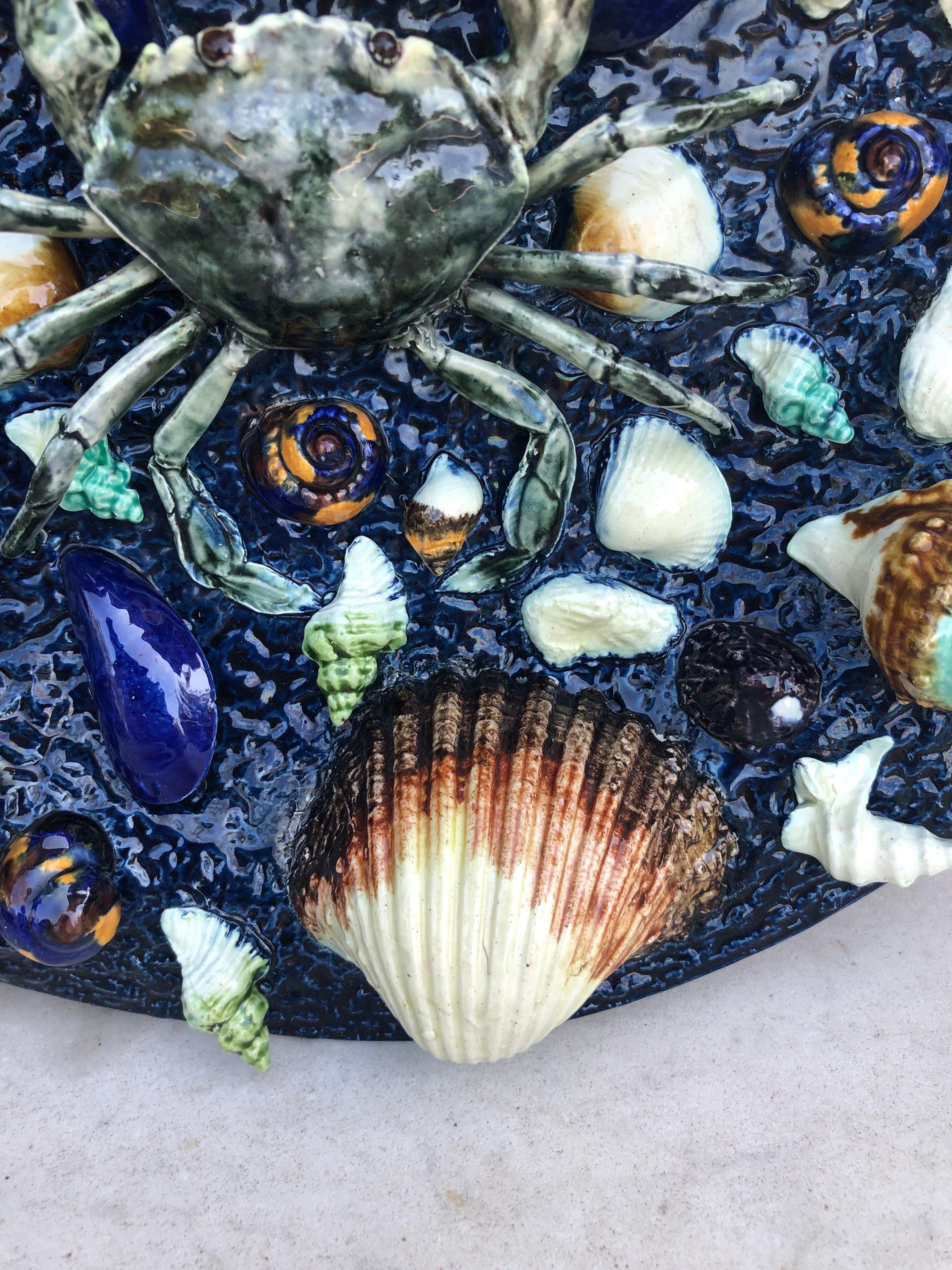 19th Century Rare Majolica Palissy Crab & Shells Platter Thomas Sergent In Good Condition In Austin, TX
