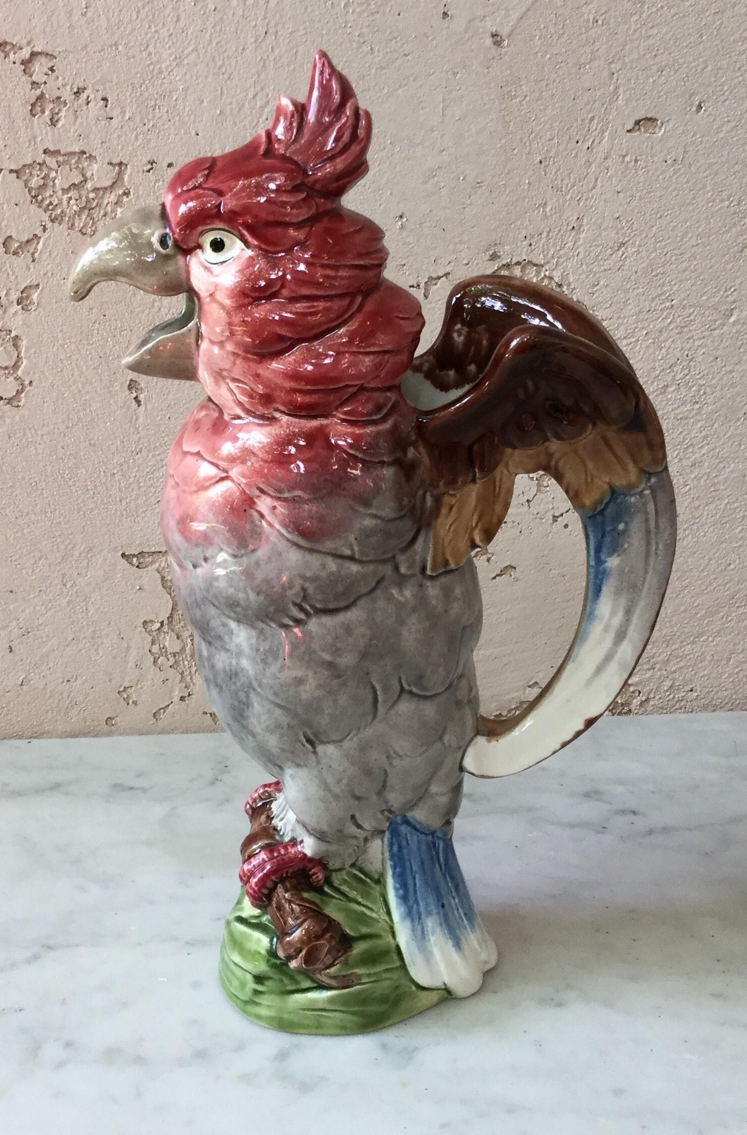 Rare and very colorful Majolica parrot pitcher signed George Dreyfus, circa 1890.