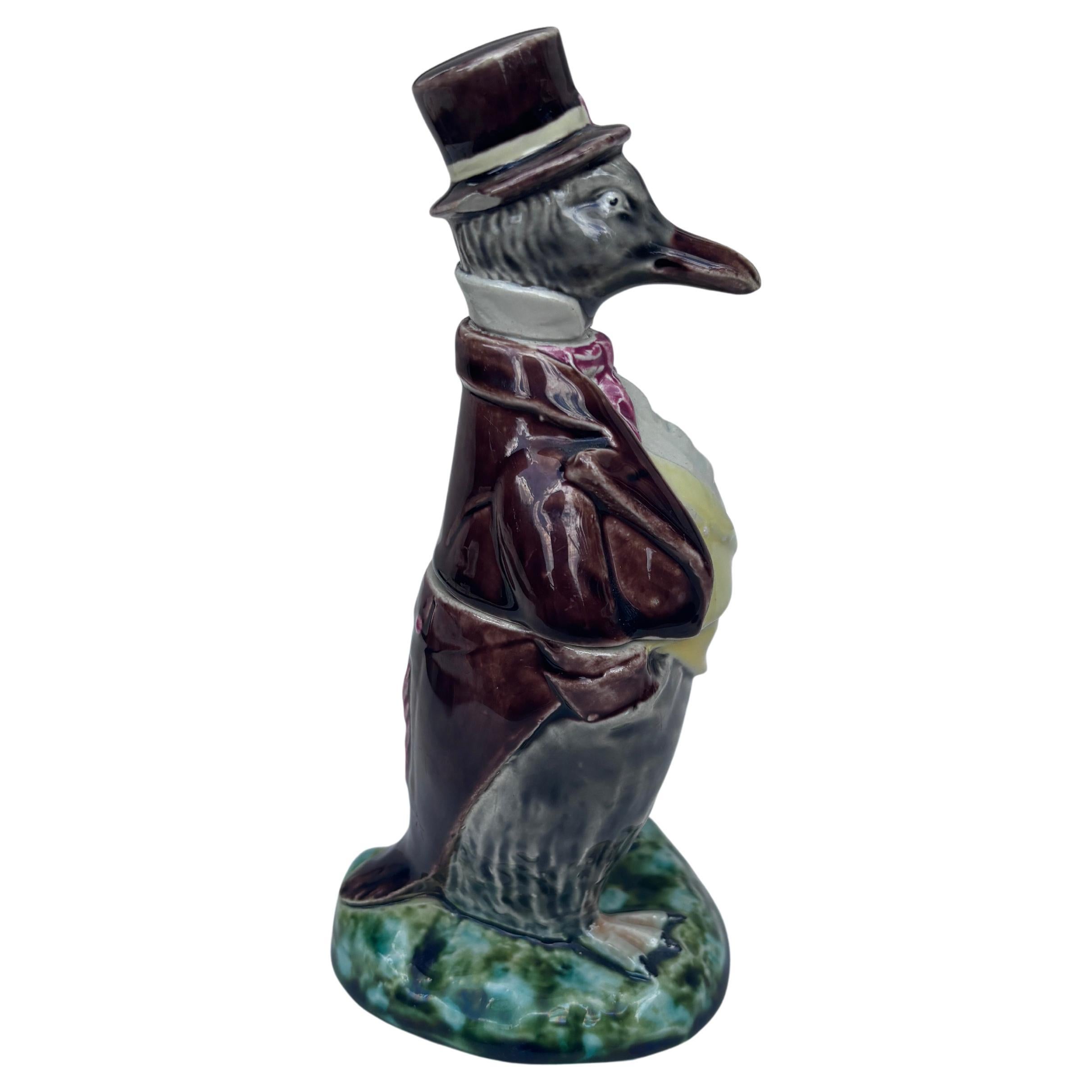 Rare Majolica Penguin With Suit Mustard Pot Sarreguemines circa 1890.