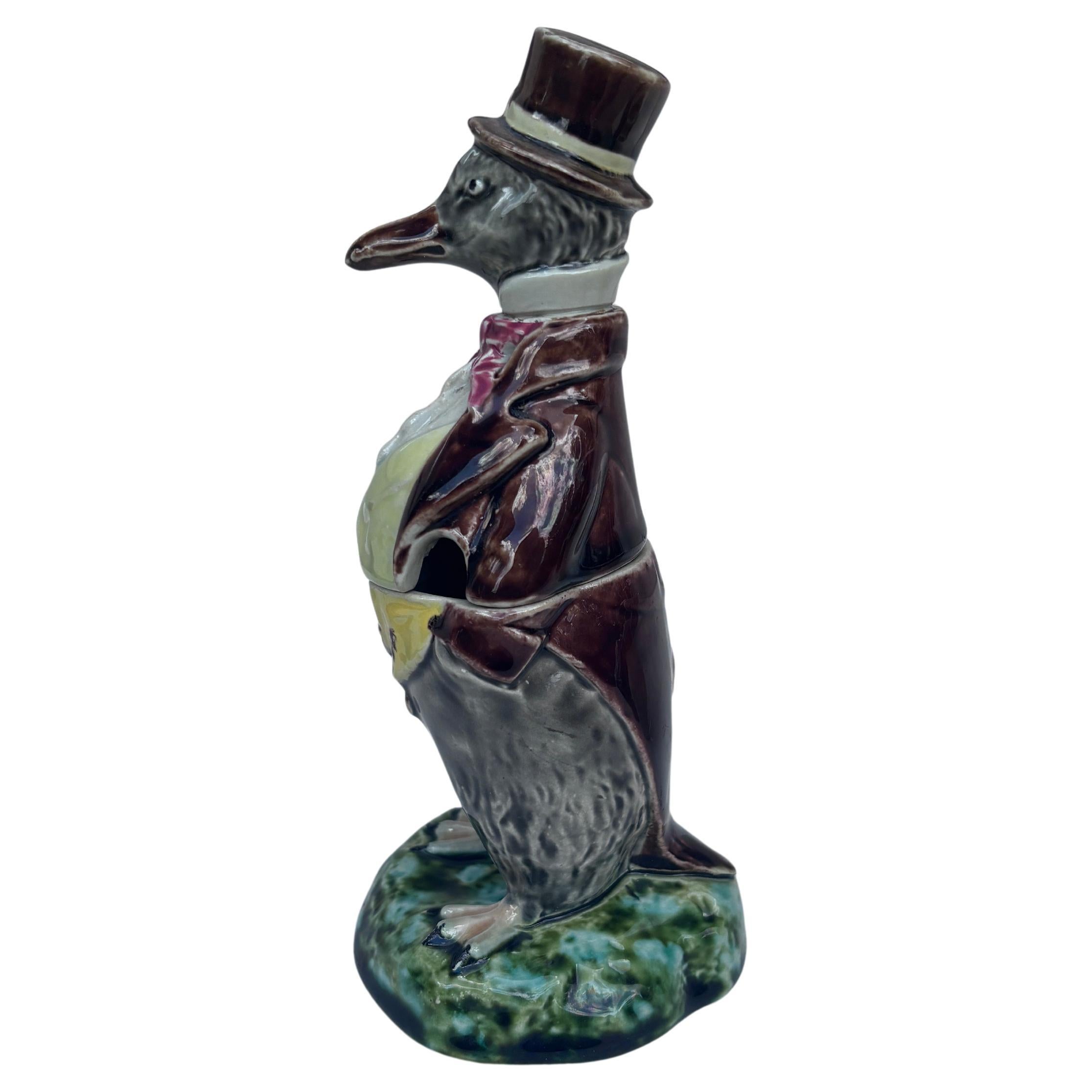 Rustic Rare Majolica Penguin With Suit Mustard Pot Sarreguemines circa 1890 For Sale