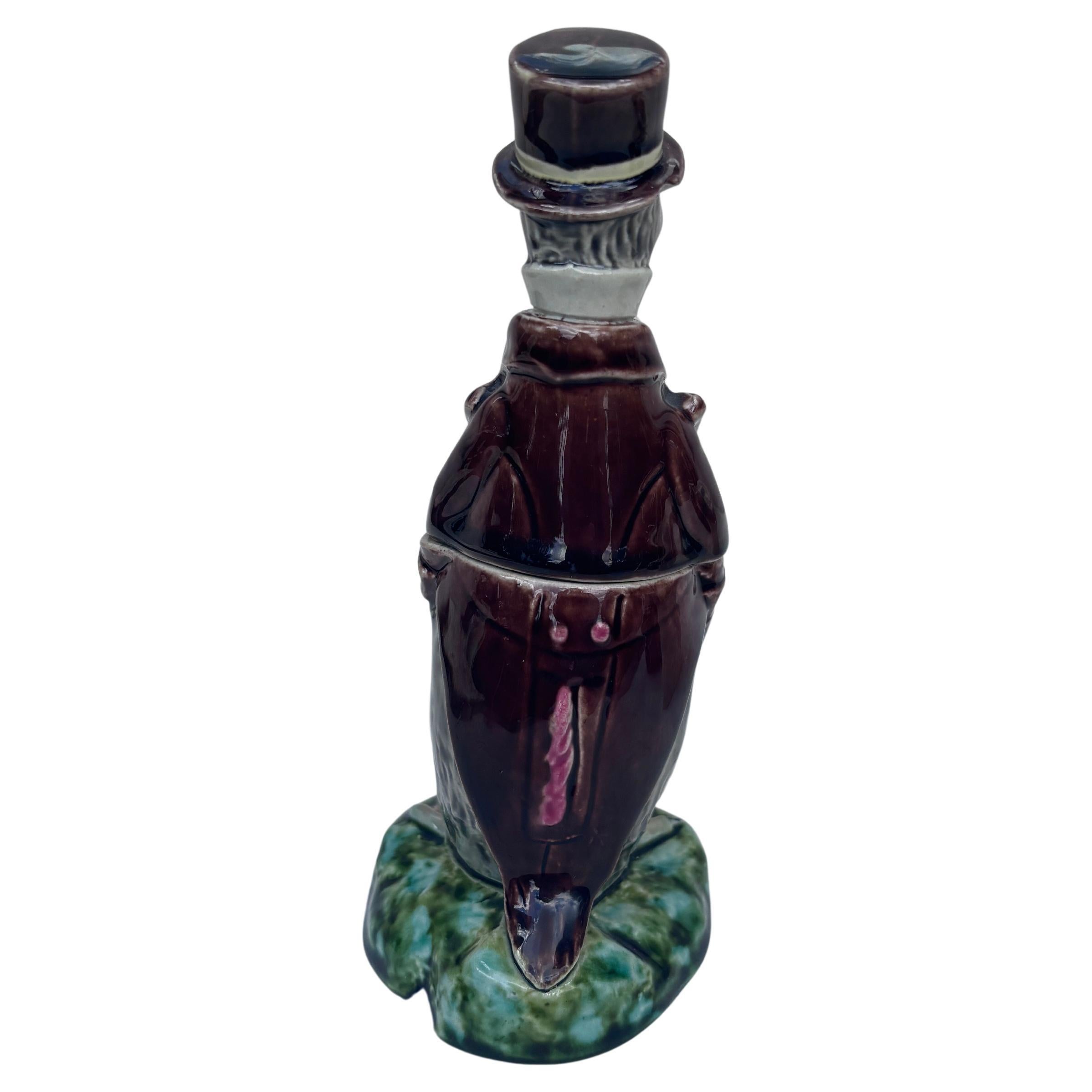 French Rare Majolica Penguin With Suit Mustard Pot Sarreguemines circa 1890 For Sale