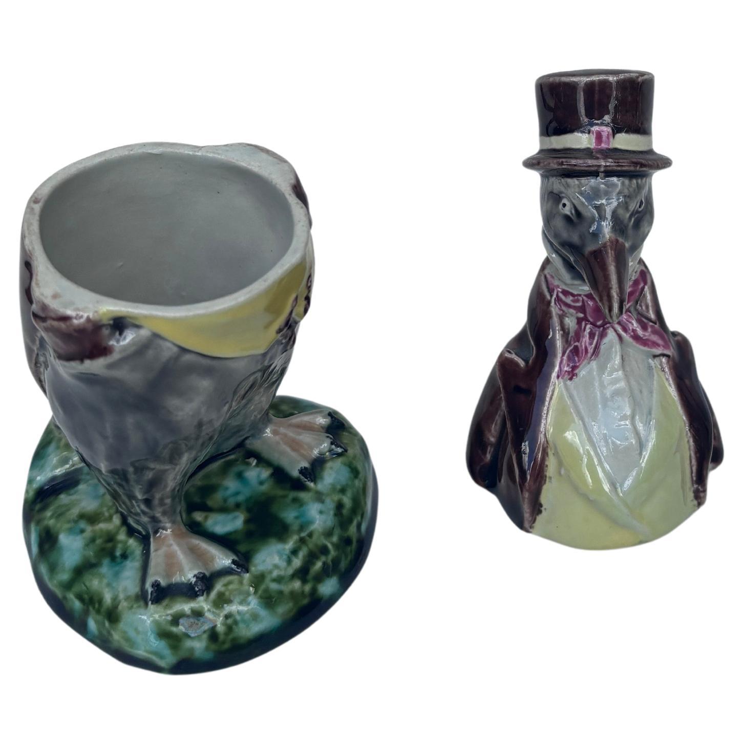 Rare Majolica Penguin With Suit Mustard Pot Sarreguemines circa 1890 In Good Condition For Sale In Austin, TX