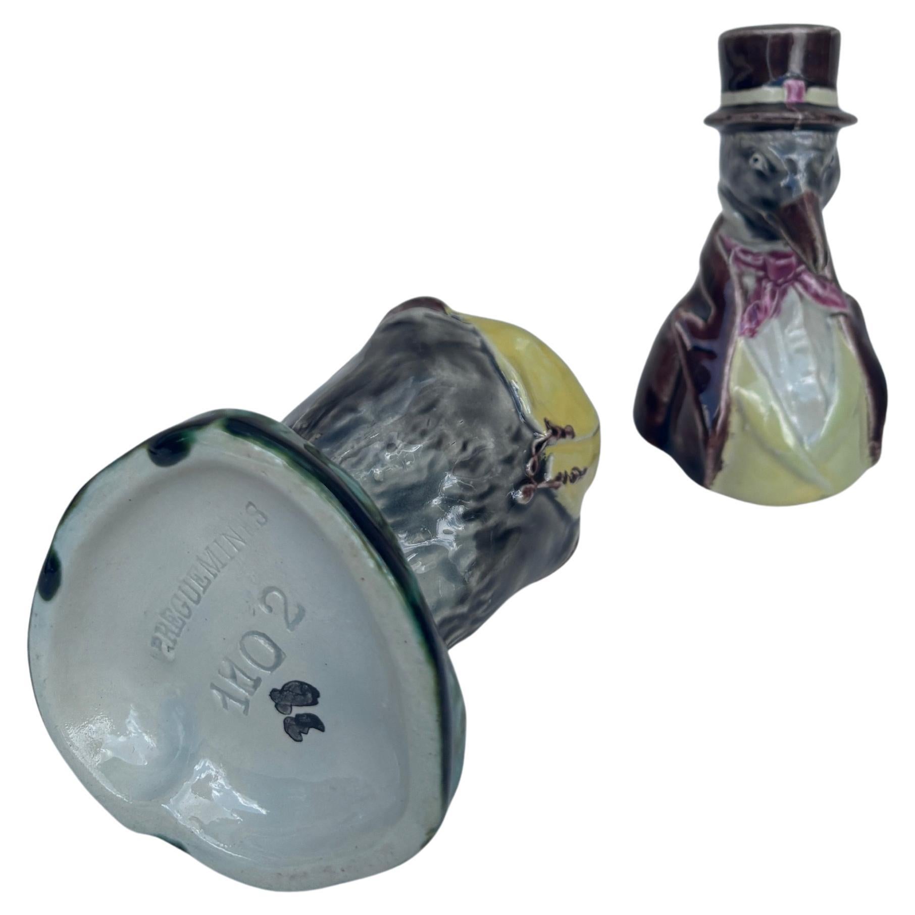 Late 19th Century Rare Majolica Penguin With Suit Mustard Pot Sarreguemines circa 1890 For Sale