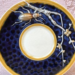 Rare Majolica Pin Tray with Insect and Branches Choisy Le Roi, circa 1890