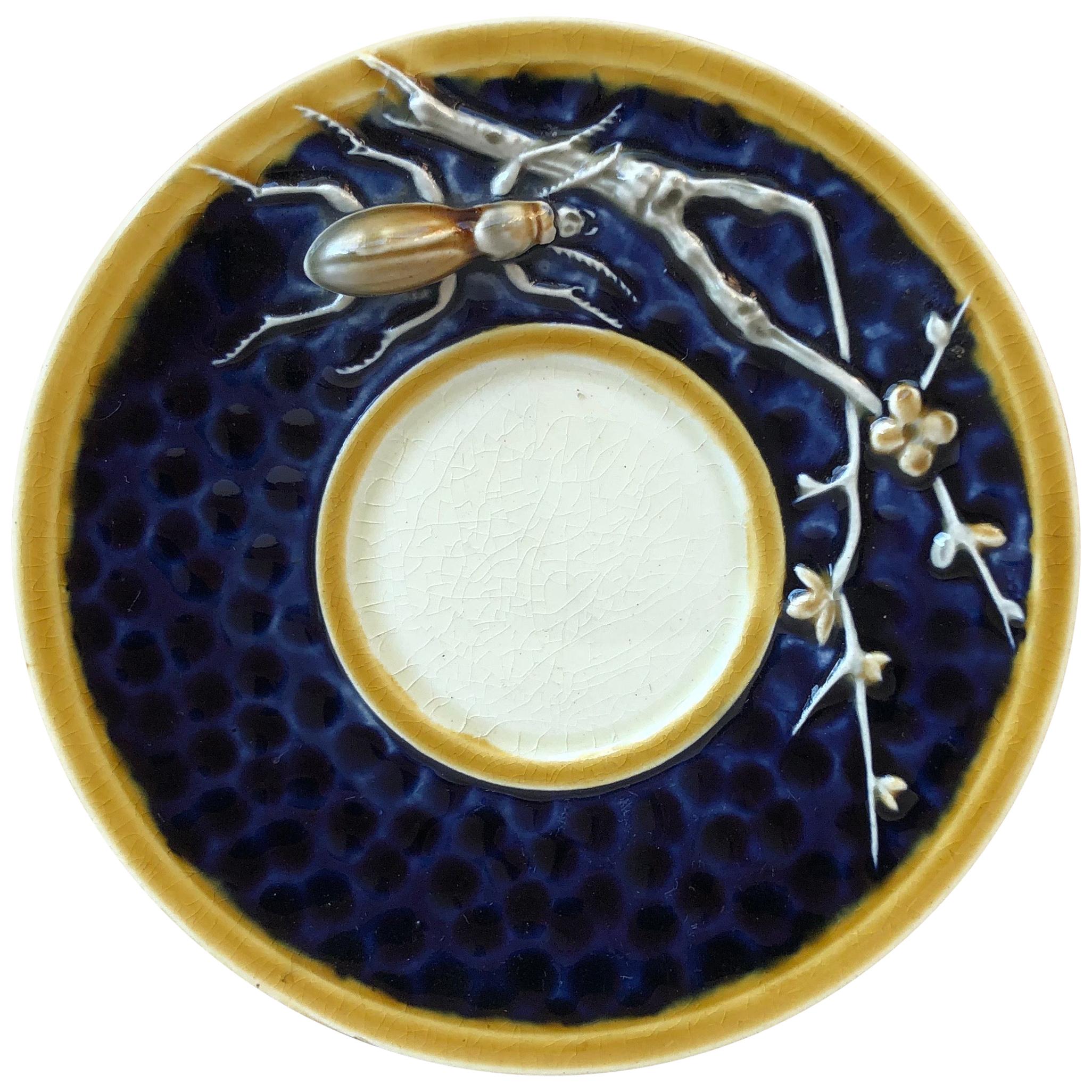 Rare Majolica Pin Tray with Insect and Branches Choisy Le Roi, circa 1890 For Sale