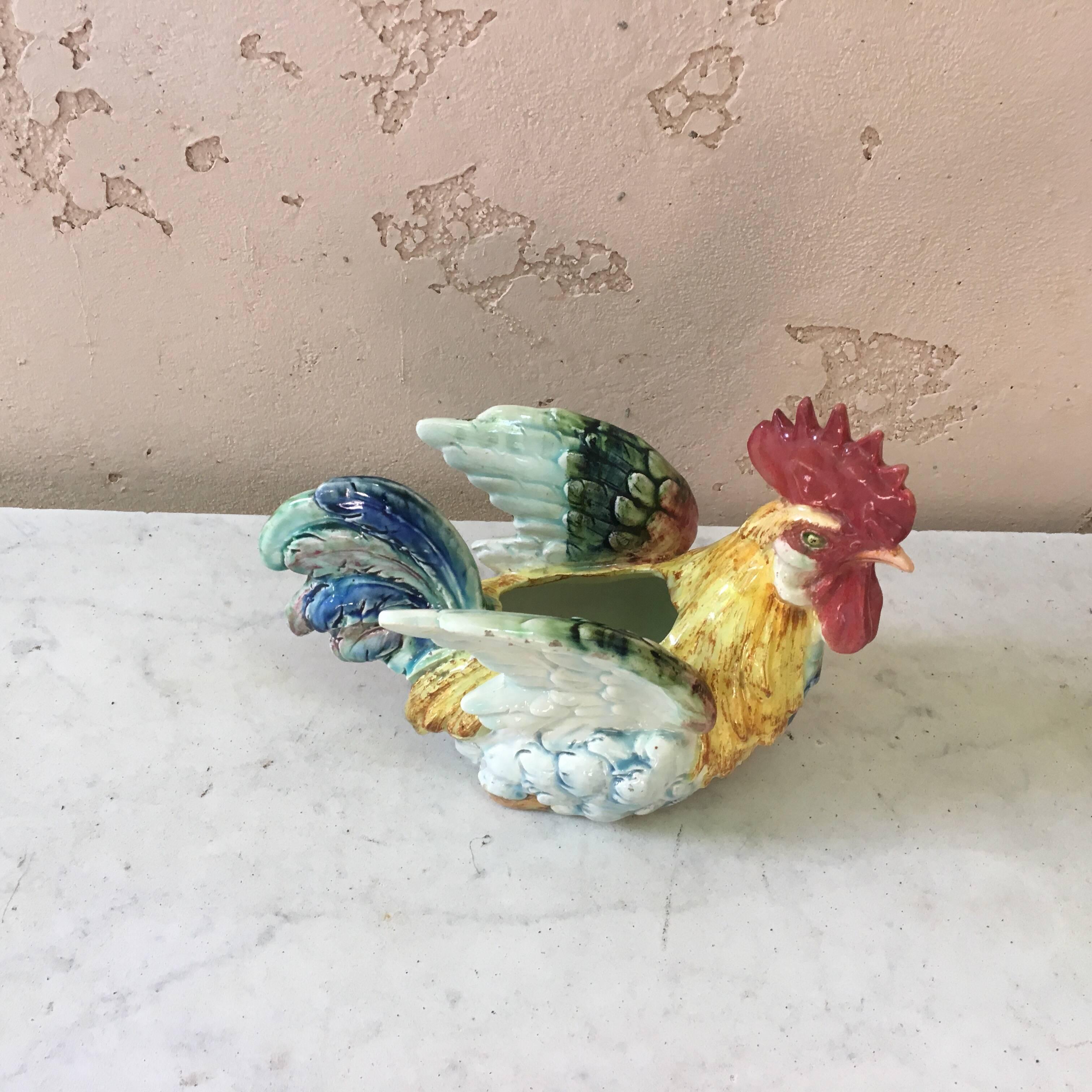 A rare Majolica rooster jardinière signed Delphin Massier, circa 1890.
Country, Rustic style.
Beautiful range of colors.
Reference / A similar example of this piece page 93 