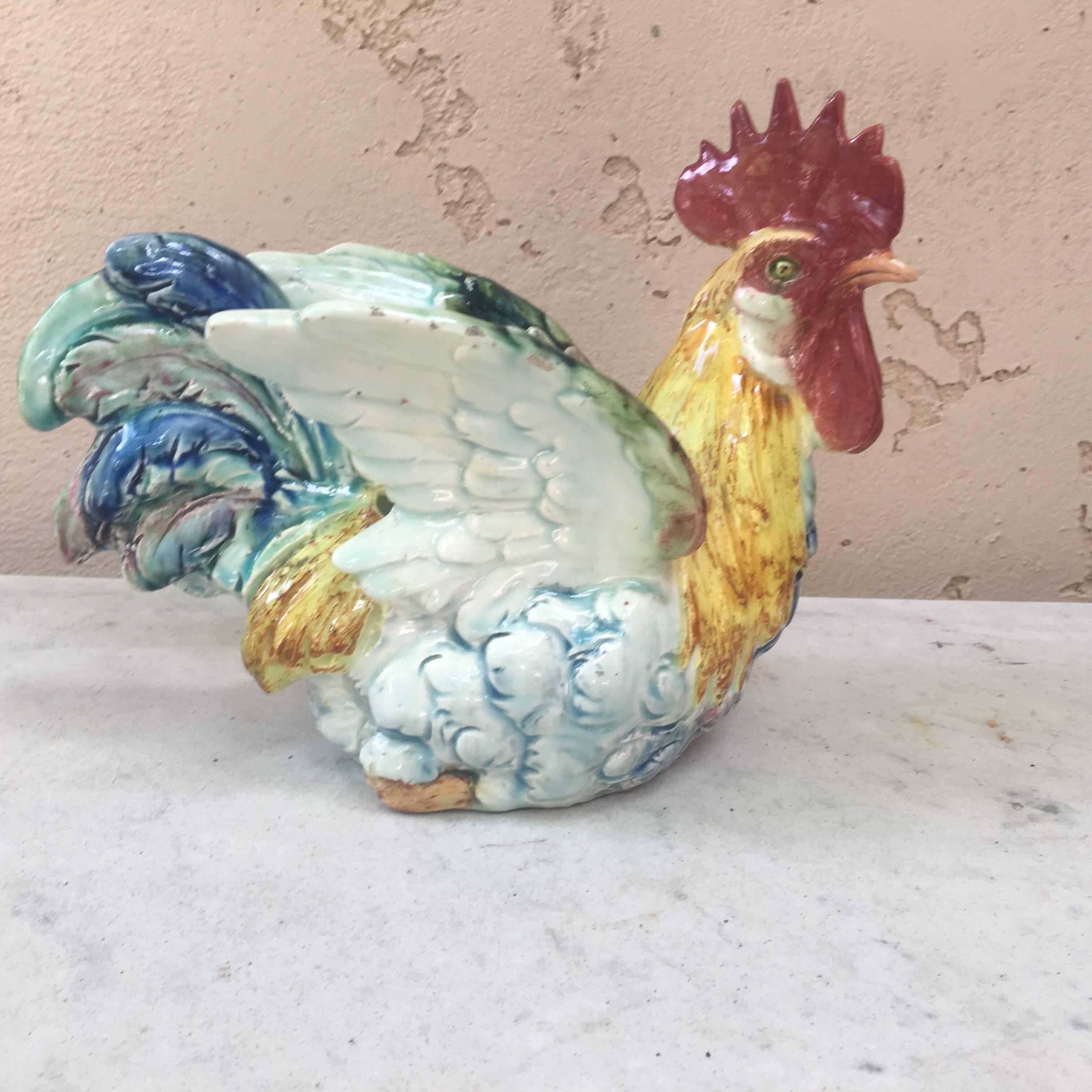 Country Rare Majolica Rooster Jardinière Delphin Massier, circa 1890