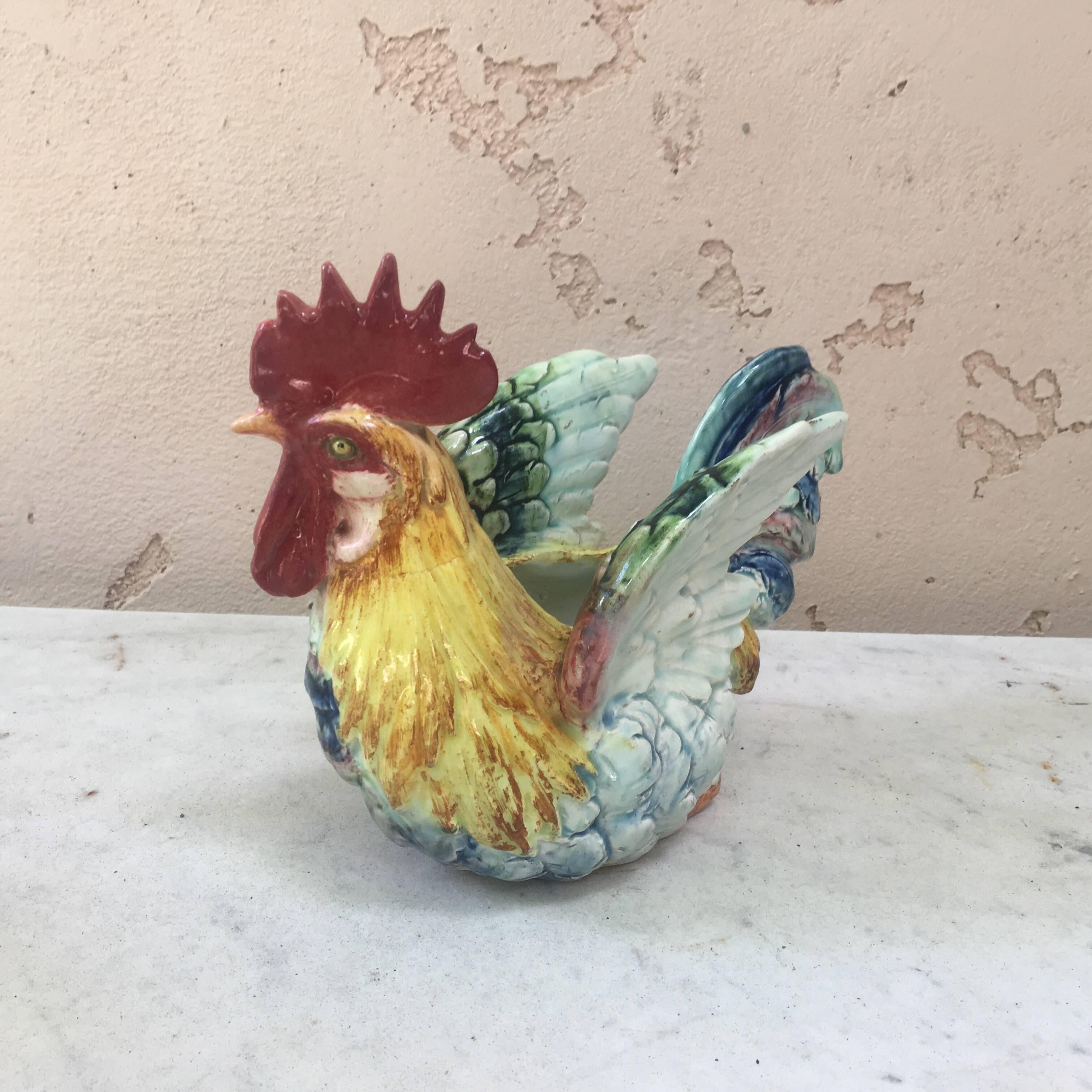 French Rare Majolica Rooster Jardinière Delphin Massier, circa 1890