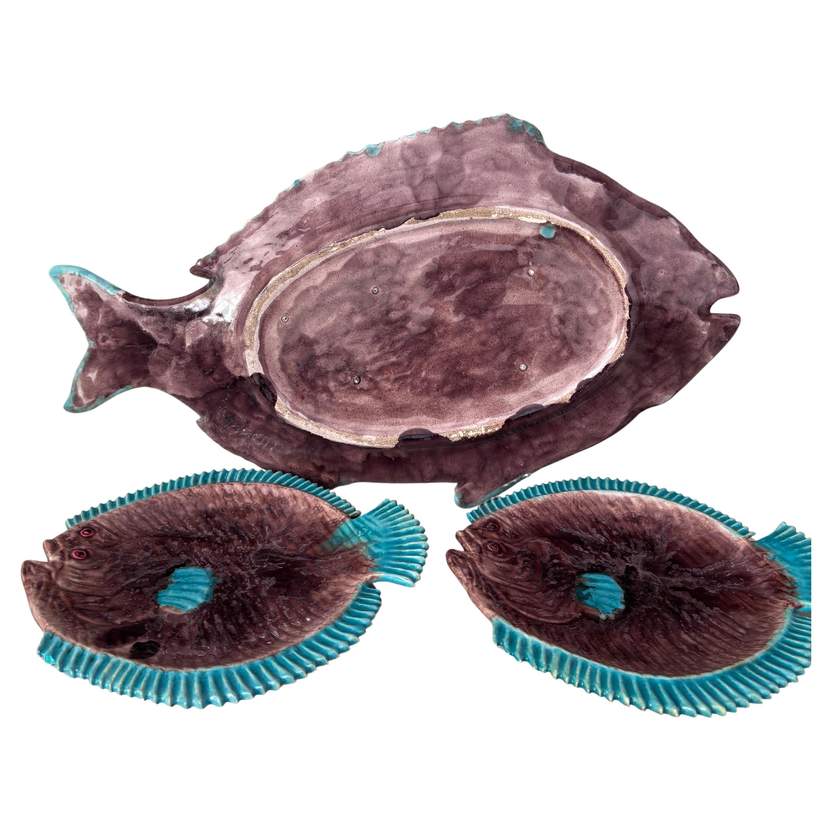 Milieu du XXe siècle Rare Ensemble de Poissons 12 Assiettes &  1 plateau Bavent vers 1930 en vente