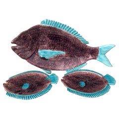 Rare Majolica Set Of Fish 12 Plates &  1 Platter Bavent Circa 1930