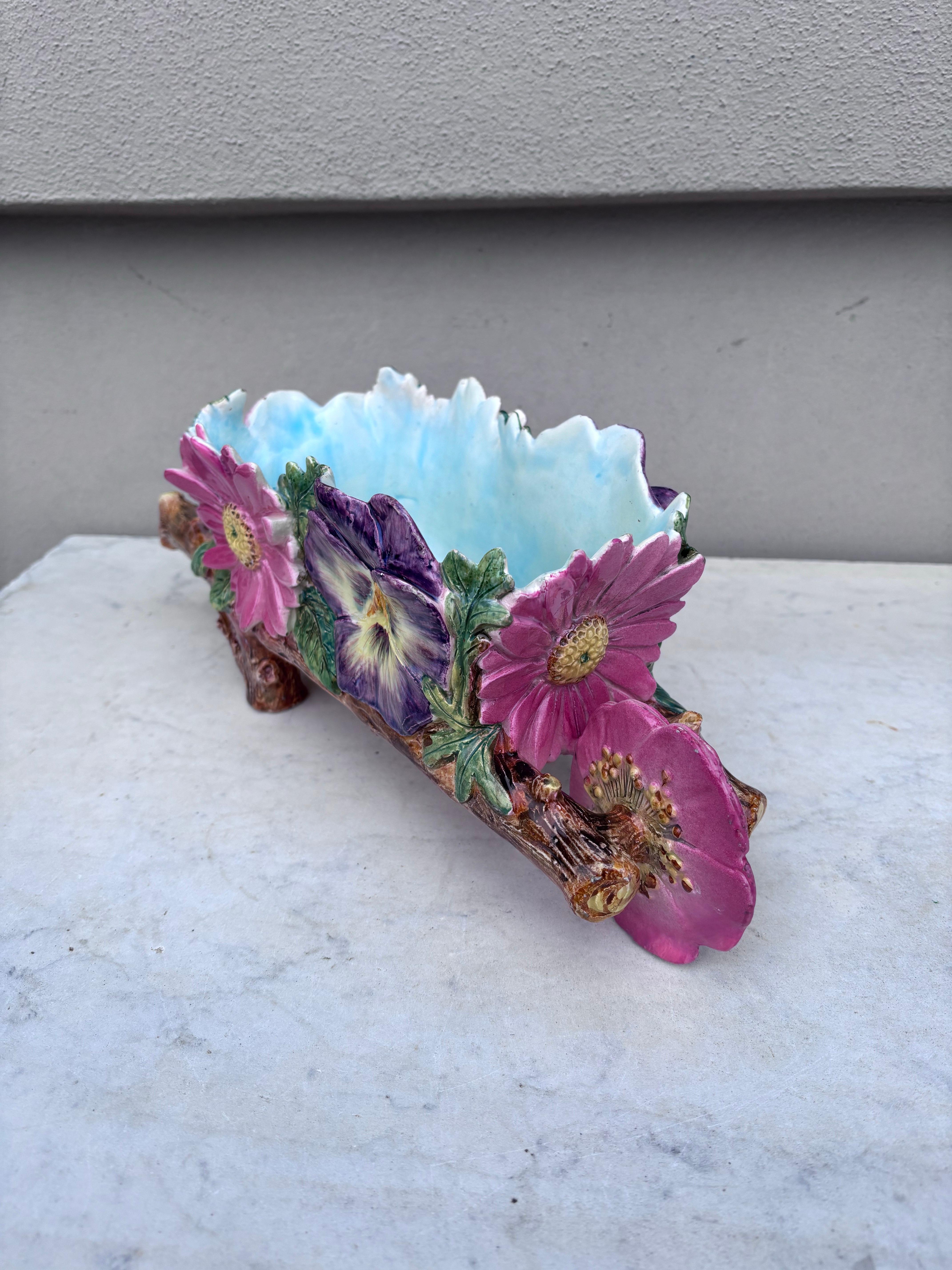 Rare Majolica Wheelbarrow Jardiniere Delphin Massier, Circa 1890 In Good Condition In Austin, TX