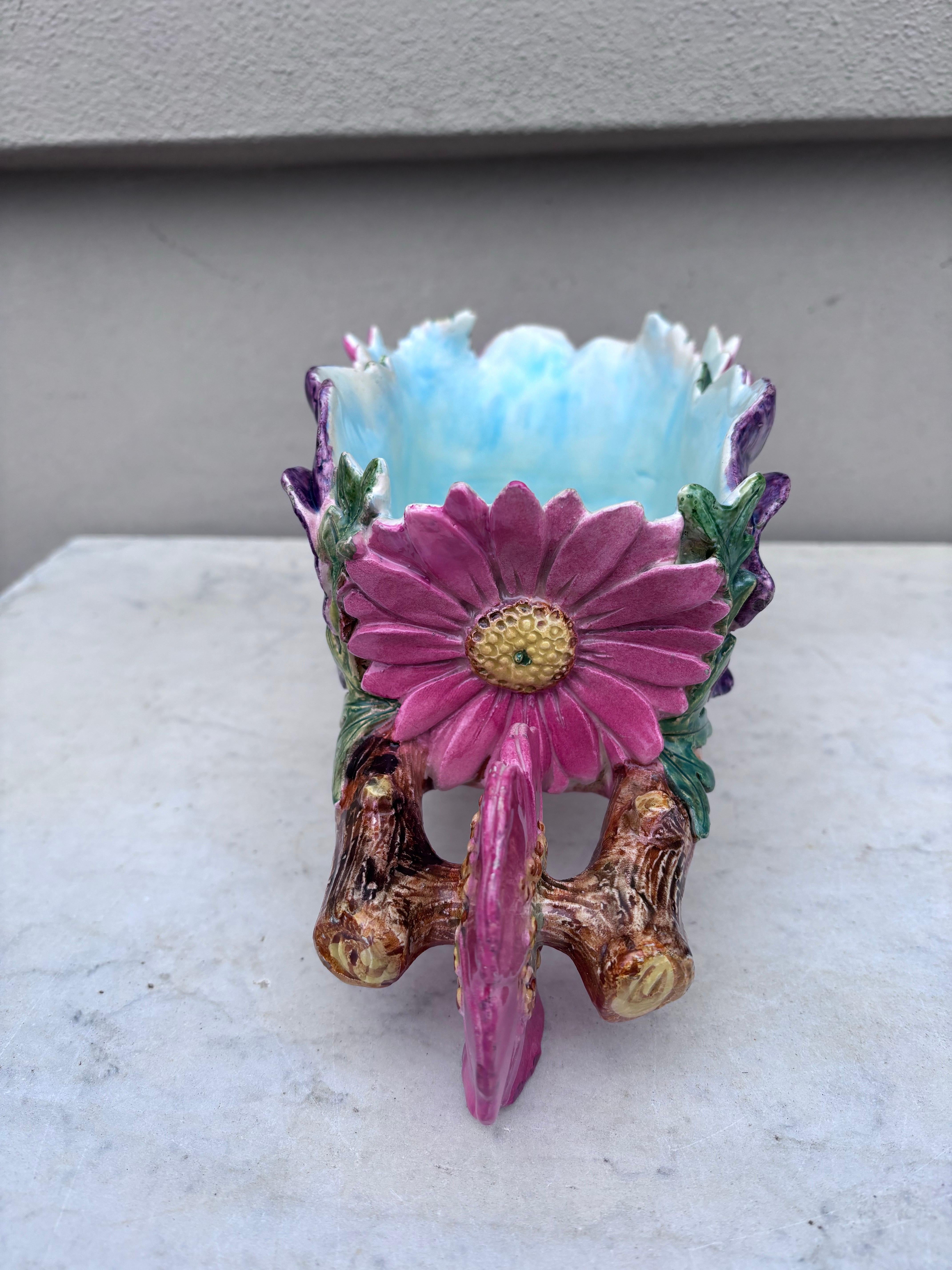 Ceramic Rare Majolica Wheelbarrow Jardiniere Delphin Massier, Circa 1890