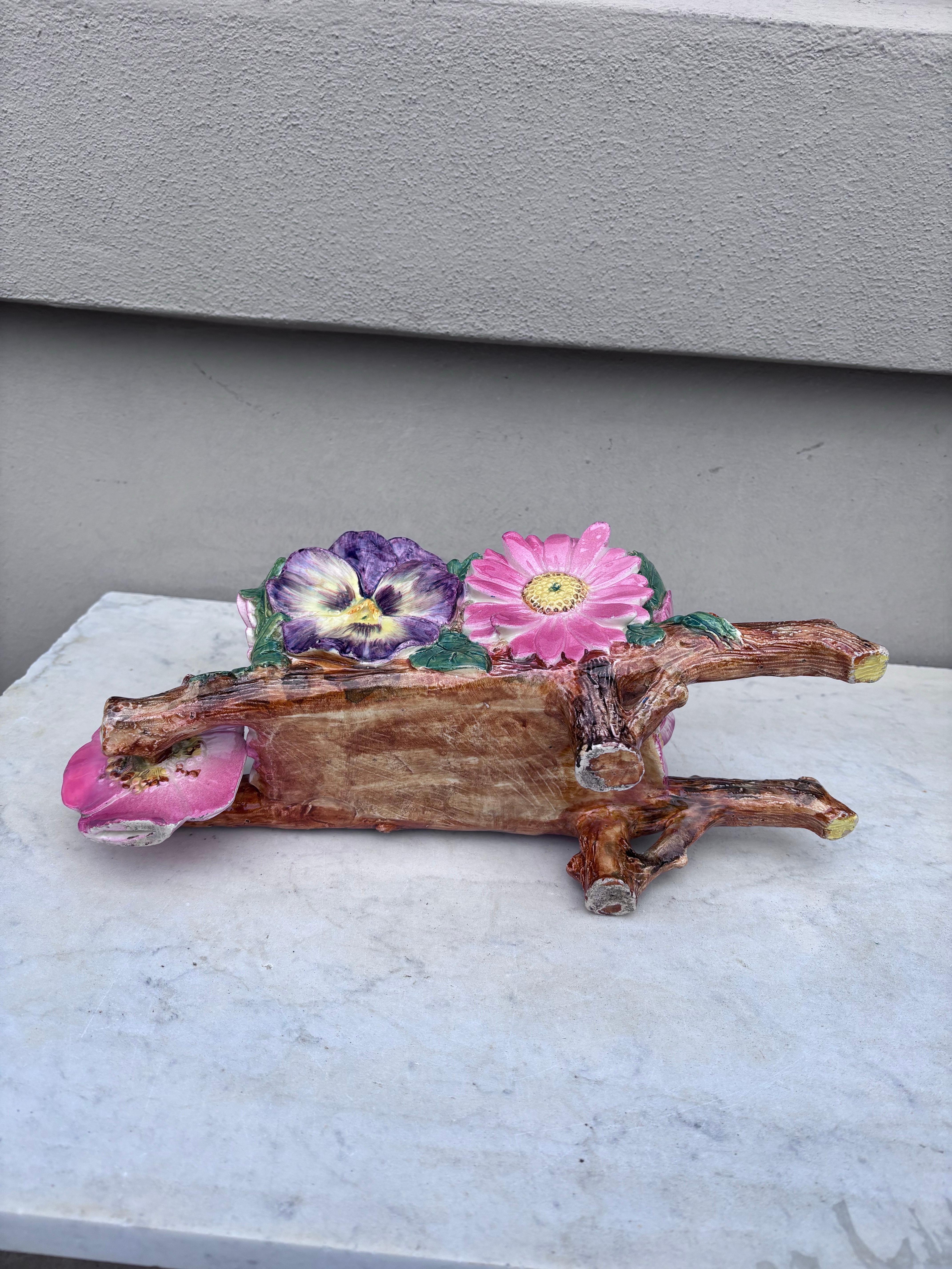 Rare Majolica Wheelbarrow Jardiniere Delphin Massier, Circa 1890 1