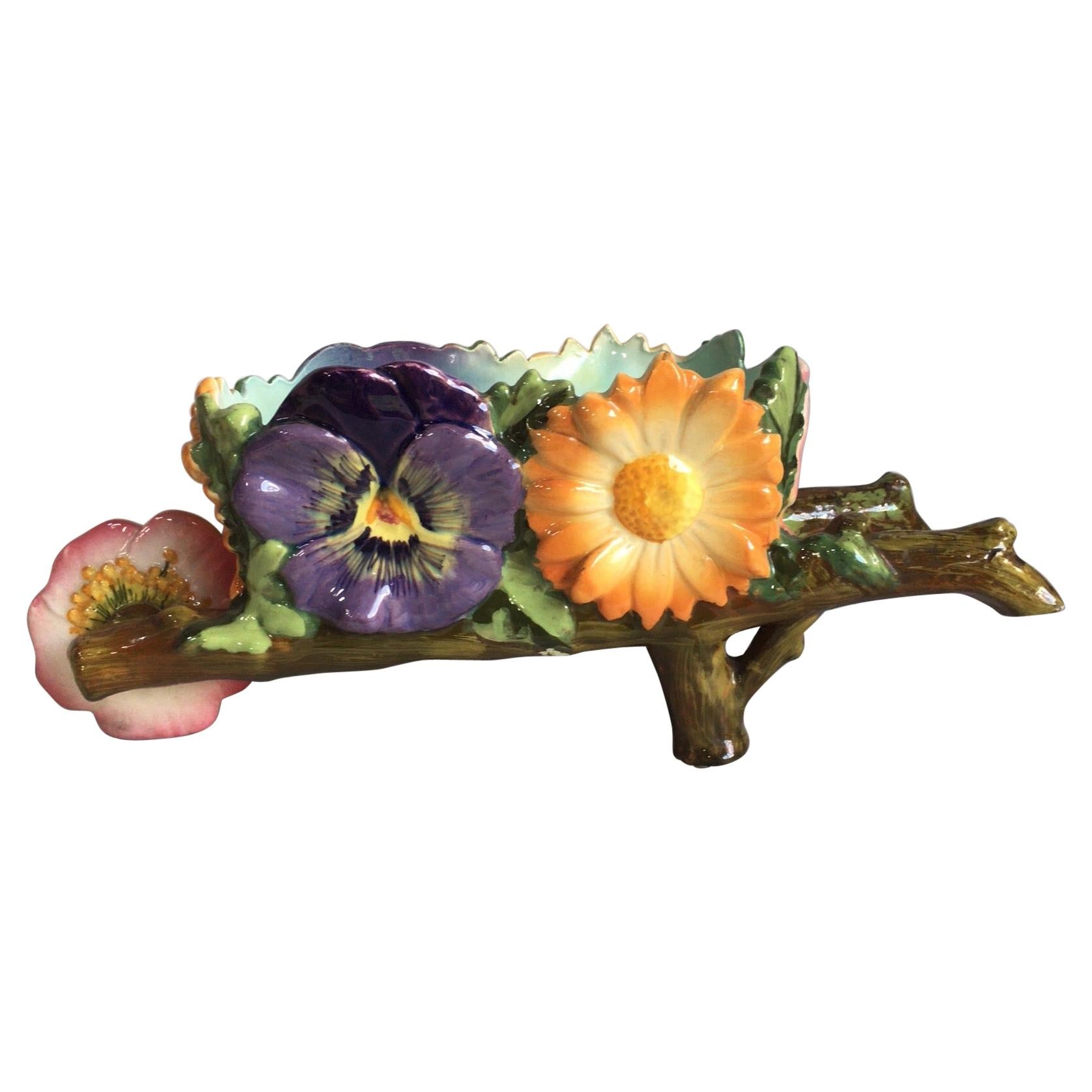 Rare large Majolica Wheelbarrow signed Delphin Massier, Circa 1890.
Pansy, sunflower, wild rose.
A very unique ceramic with lovely and vibrant colors.