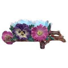 Antique Rare Majolica Wheelbarrow Jardiniere Delphin Massier, Circa 1890